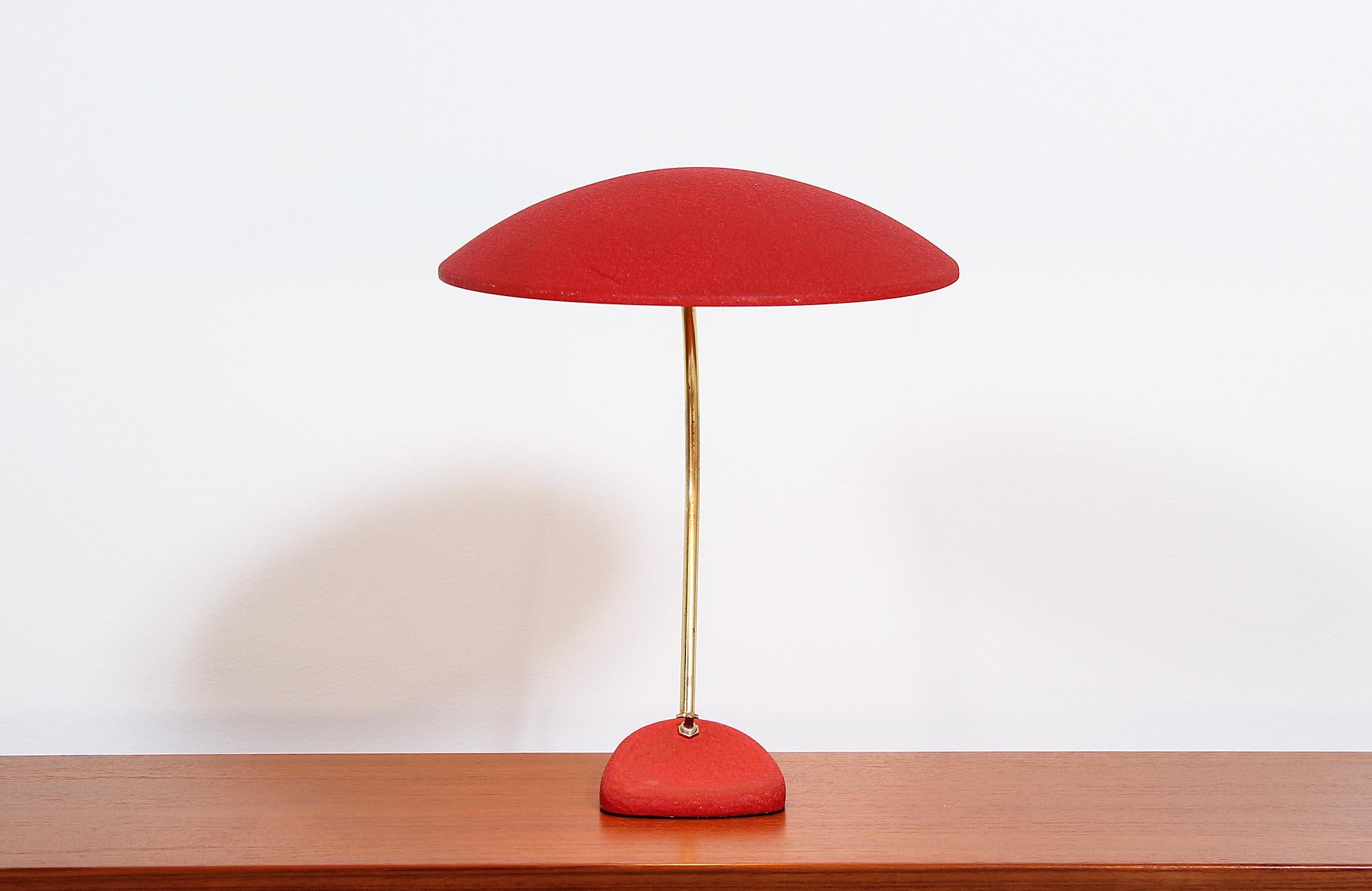 American Midcentury Brass and Red Enameled Desk Lamp