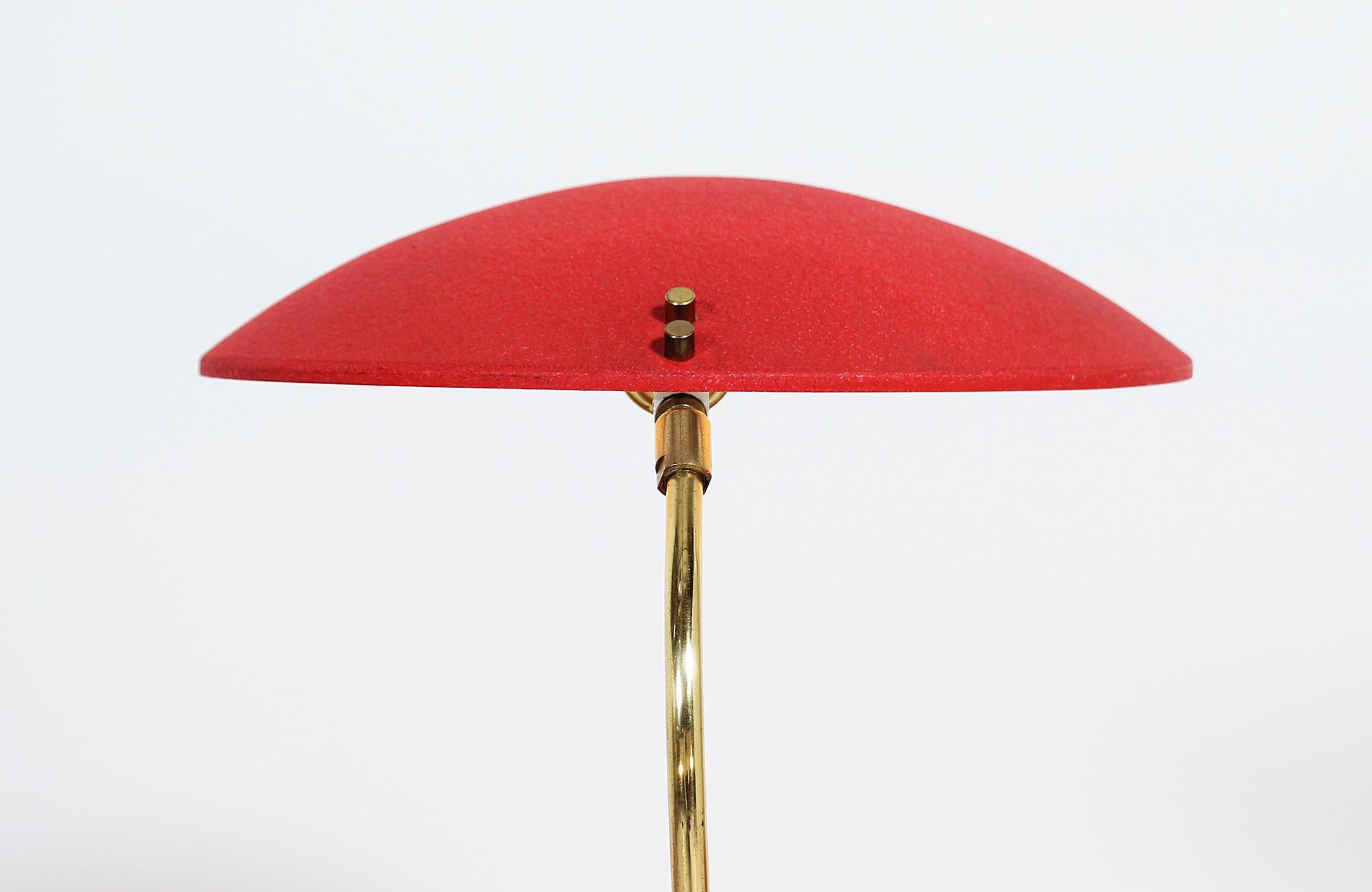 Metal Midcentury Brass and Red Enameled Desk Lamp