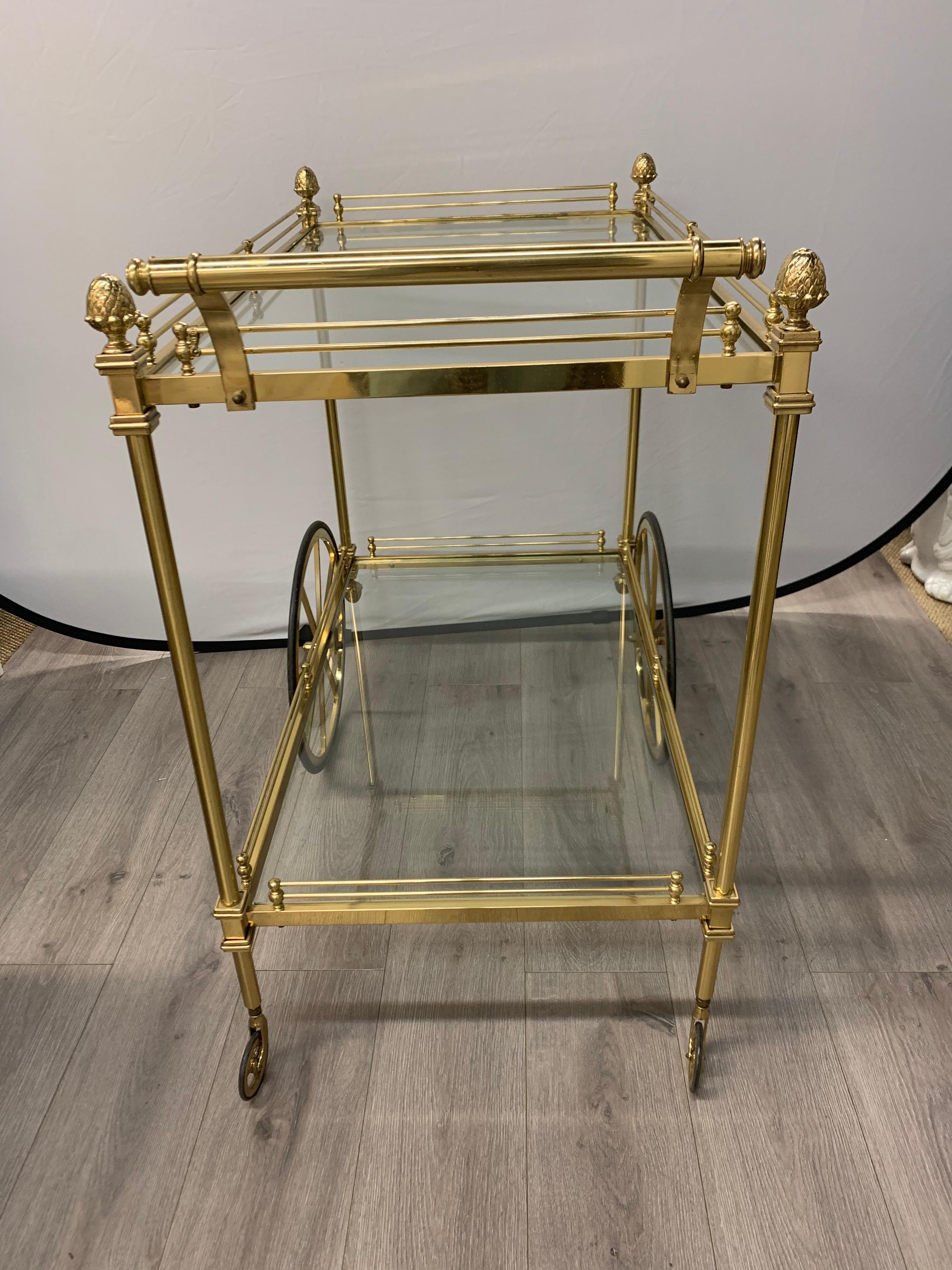 Mid-Century Modern Midcentury Brass Rolling Tea Cart Bar Cart with Glass Shelves