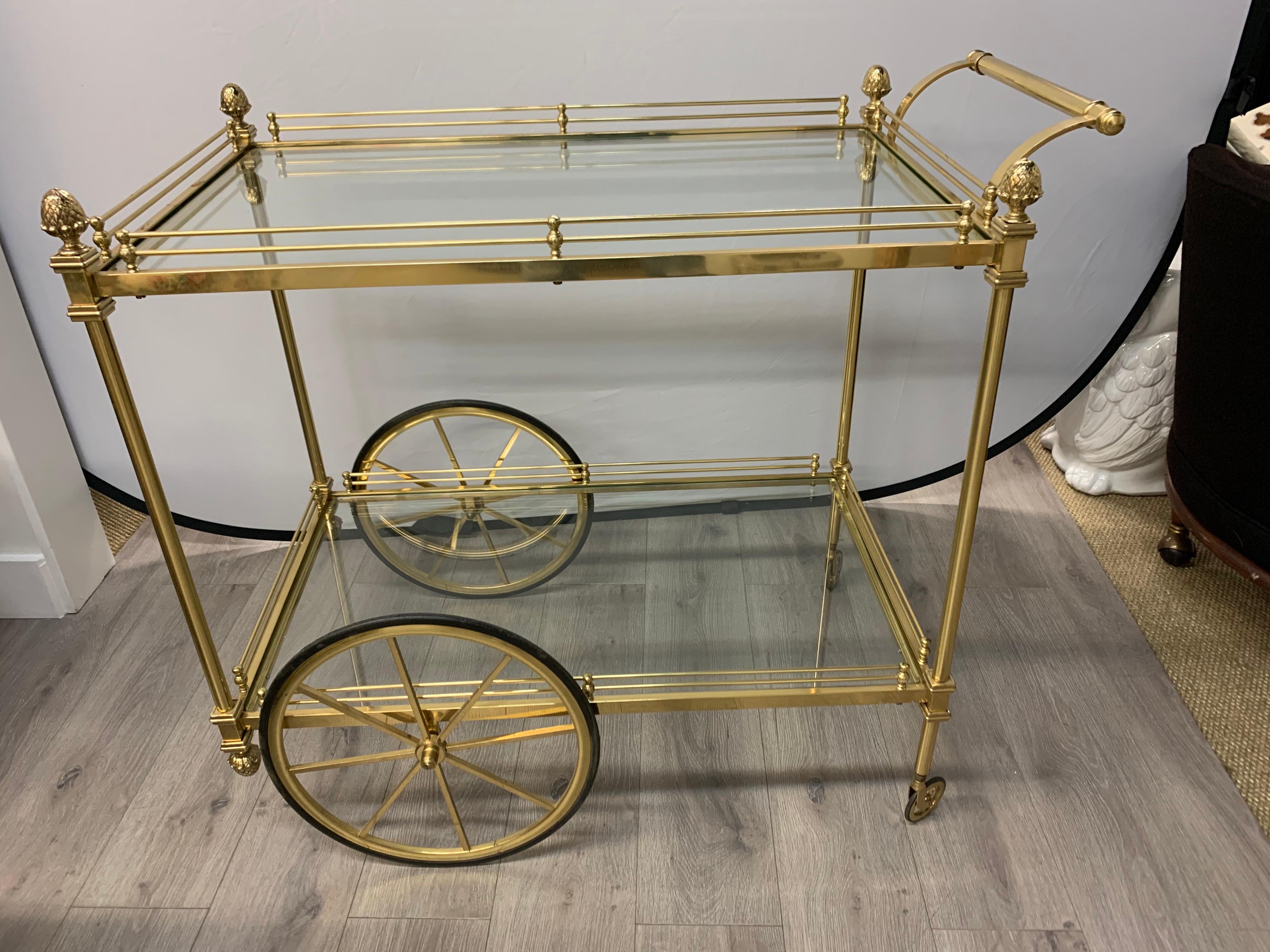 American Midcentury Brass Rolling Tea Cart Bar Cart with Glass Shelves