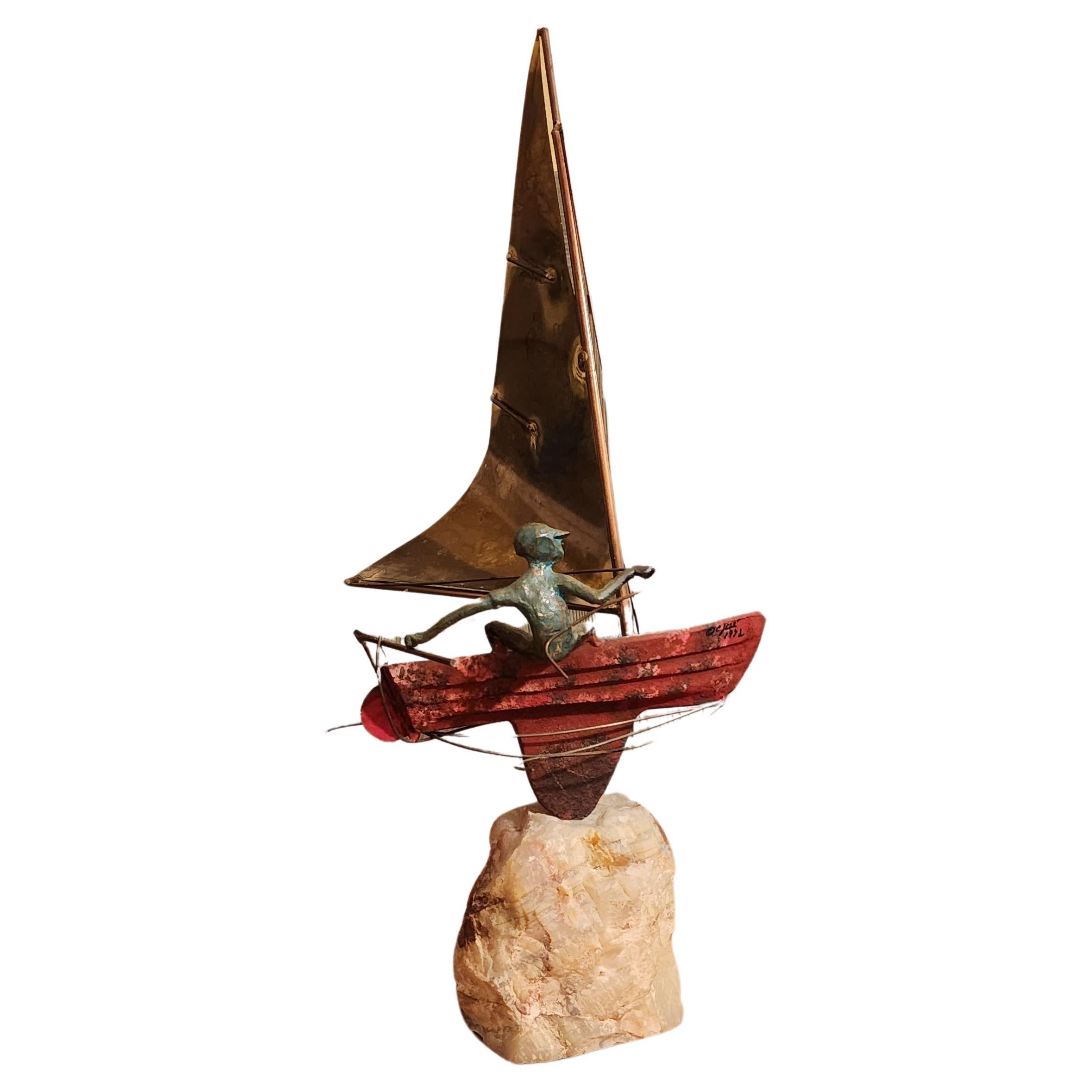 Mid-Century Brass Sailboat Sculpture Art by Curtis Jere For Sale