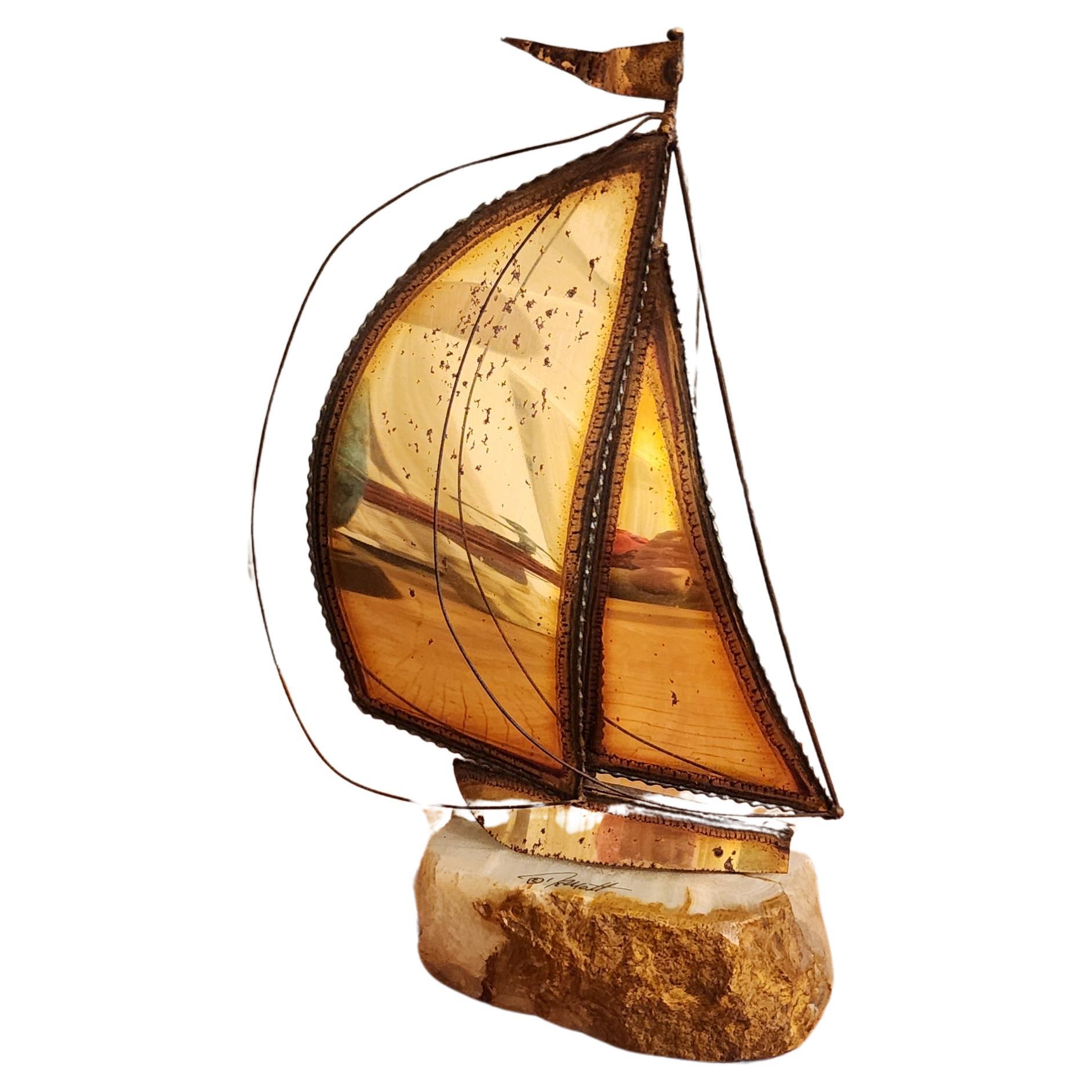 Mid-Century Brass Sailboat Sculpture Art on Onyx by John DeMott