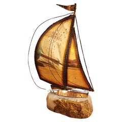 Mid-Century Brass Sailboat Sculpture Art on Onyx by John DeMott