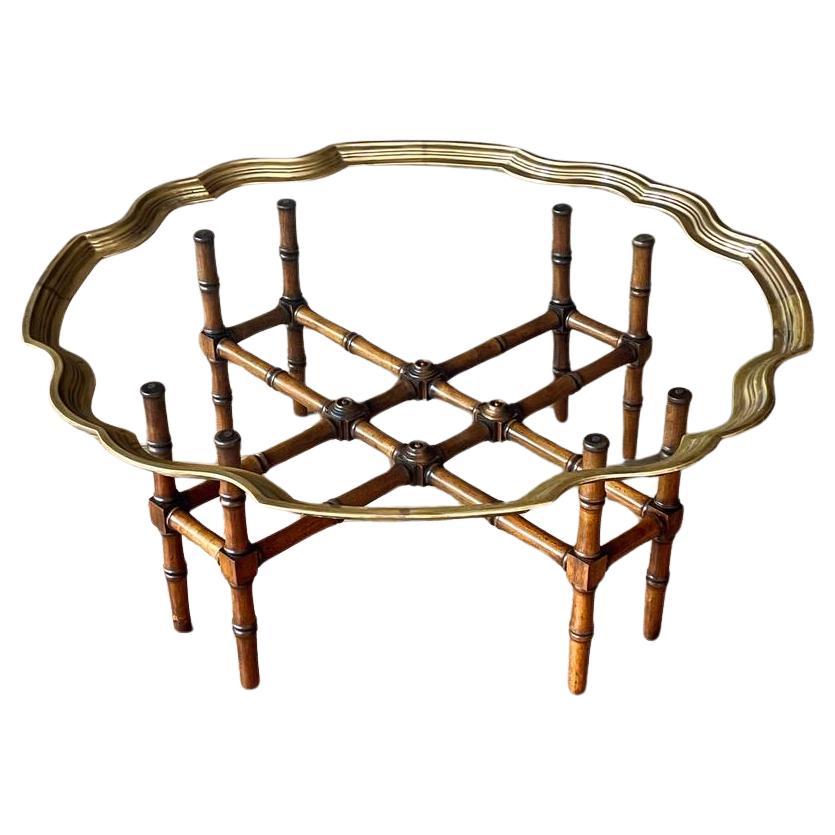 Mid-Century Brass Scalloped Glass Coffee Table w/ Faux Bamboo Base by Baker