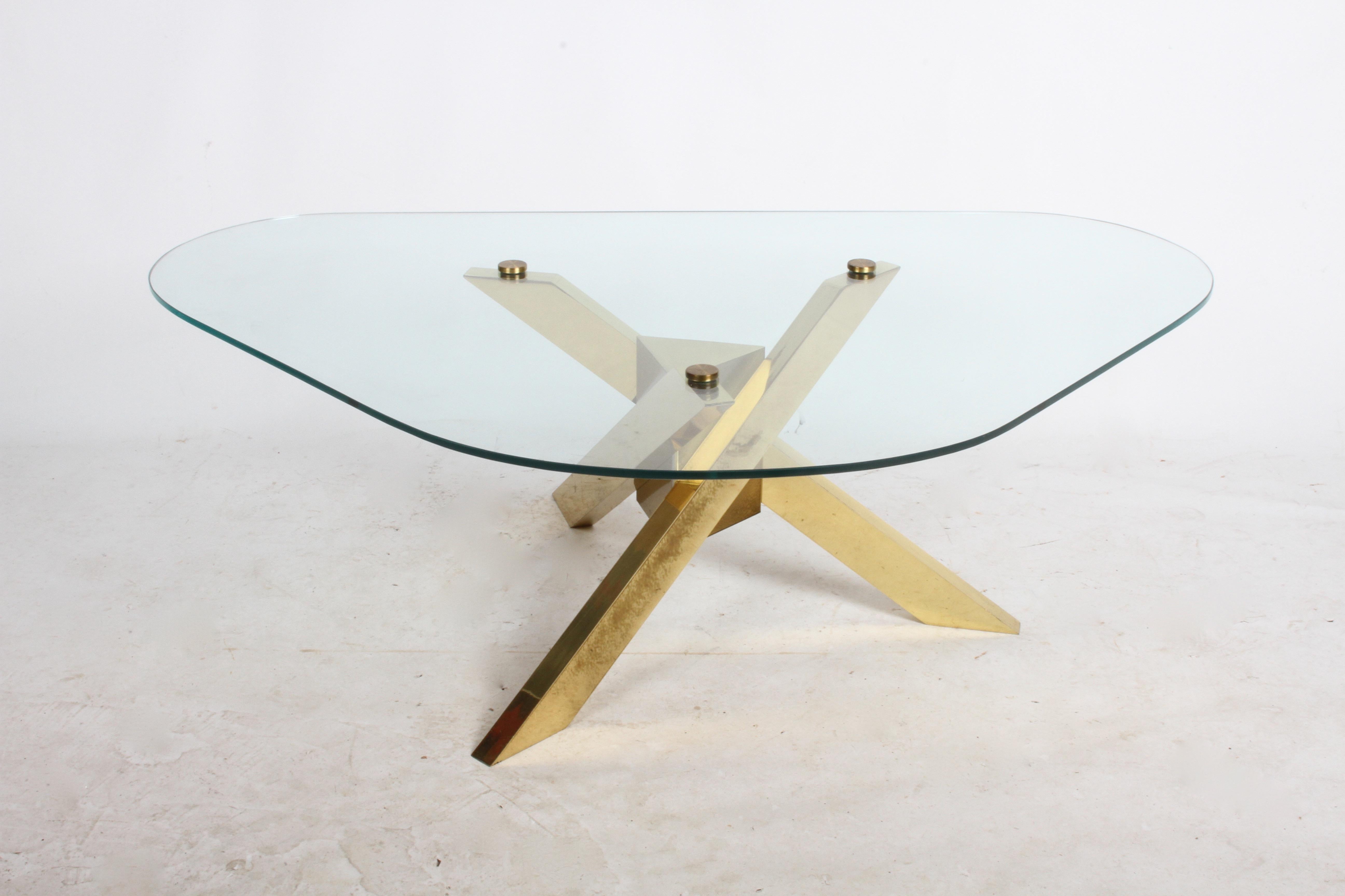 Mid-Century Modern Mid-Century Brass Sculptural Tripod Base with Glass Top, Coffee Table