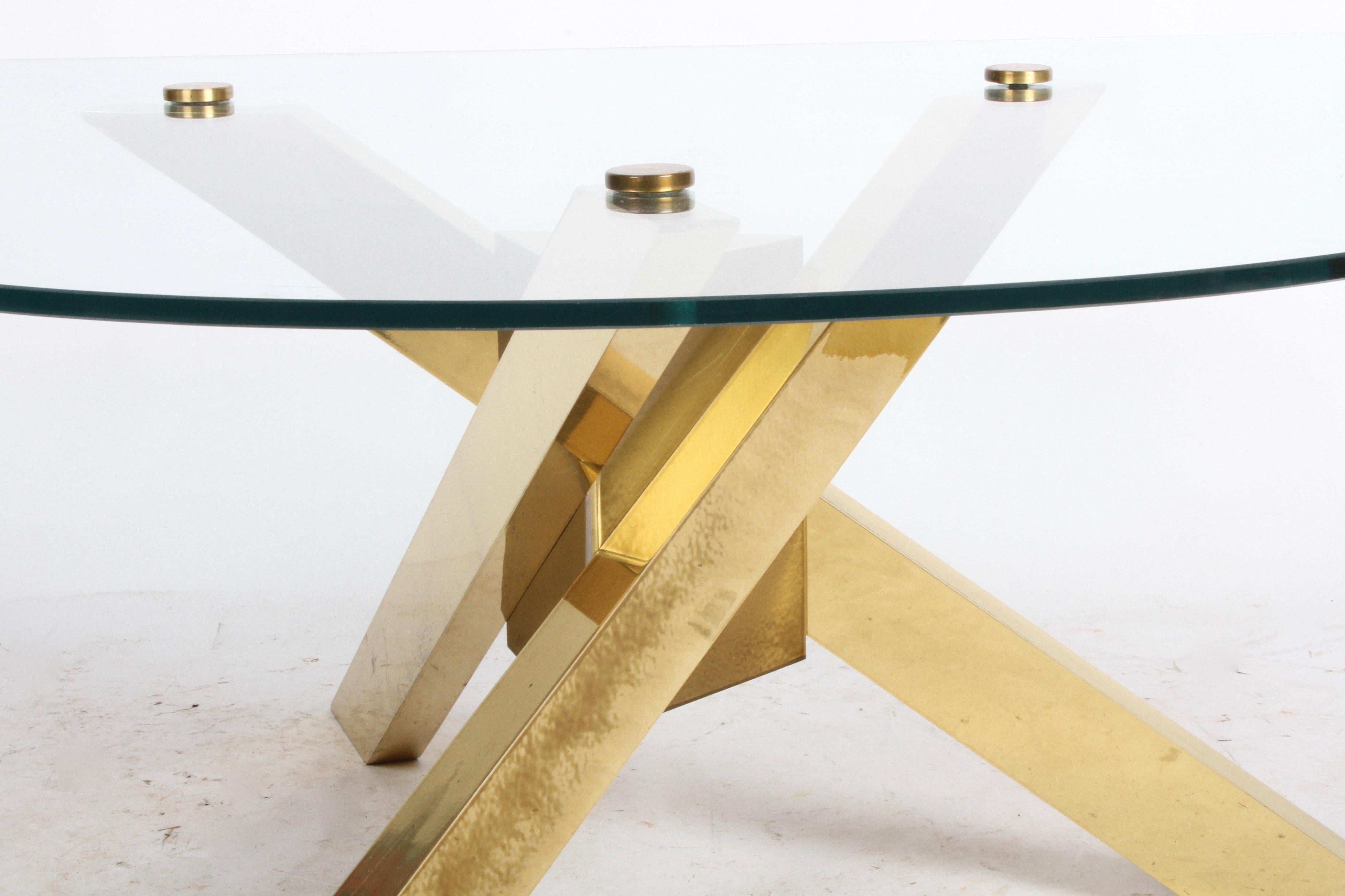 American Mid-Century Brass Sculptural Tripod Base with Glass Top, Coffee Table