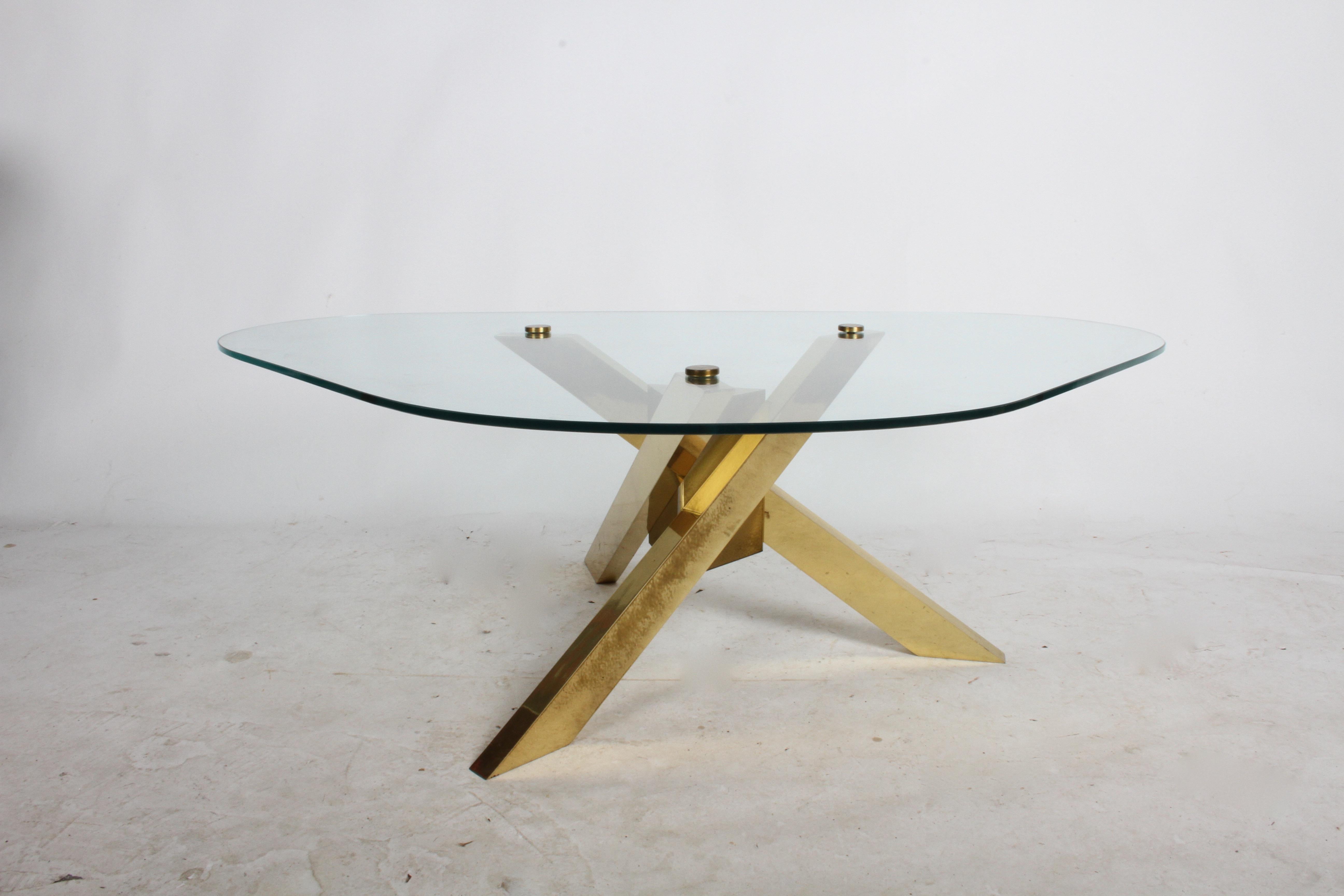 Mid-Century Brass Sculptural Tripod Base with Glass Top, Coffee Table In Good Condition In St. Louis, MO