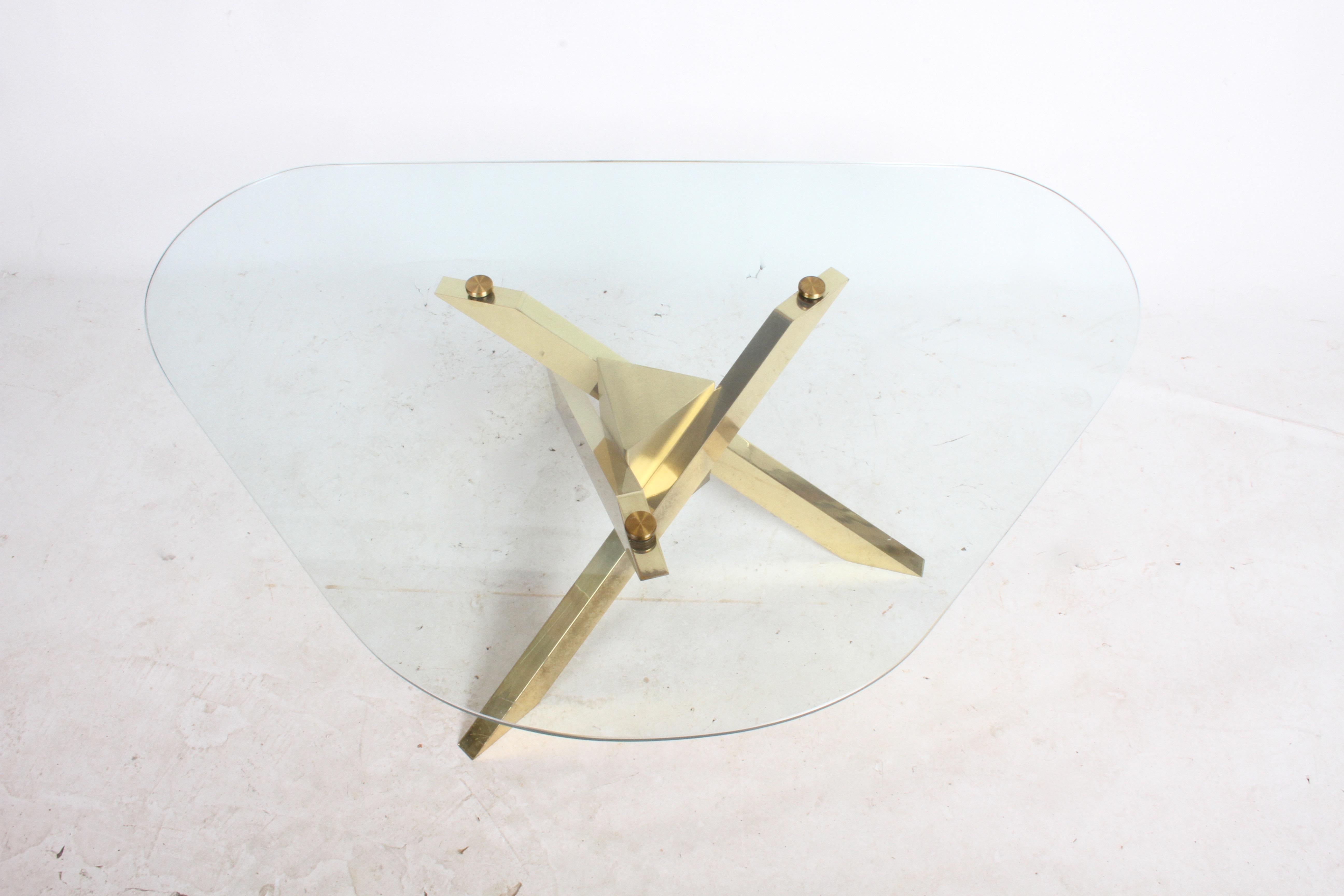 Mid-20th Century Mid-Century Brass Sculptural Tripod Base with Glass Top, Coffee Table