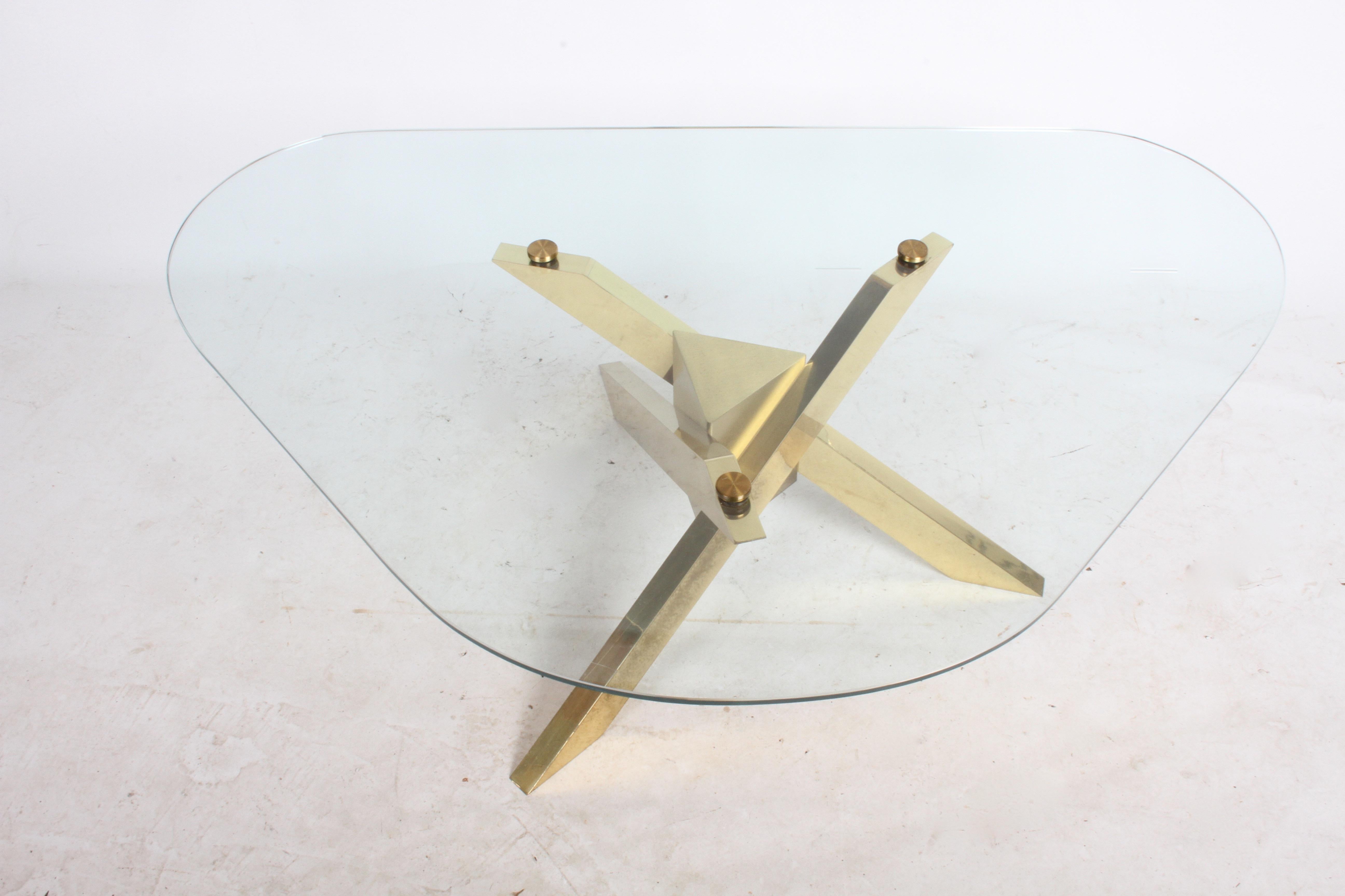 Mid-Century Brass Sculptural Tripod Base with Glass Top, Coffee Table 2