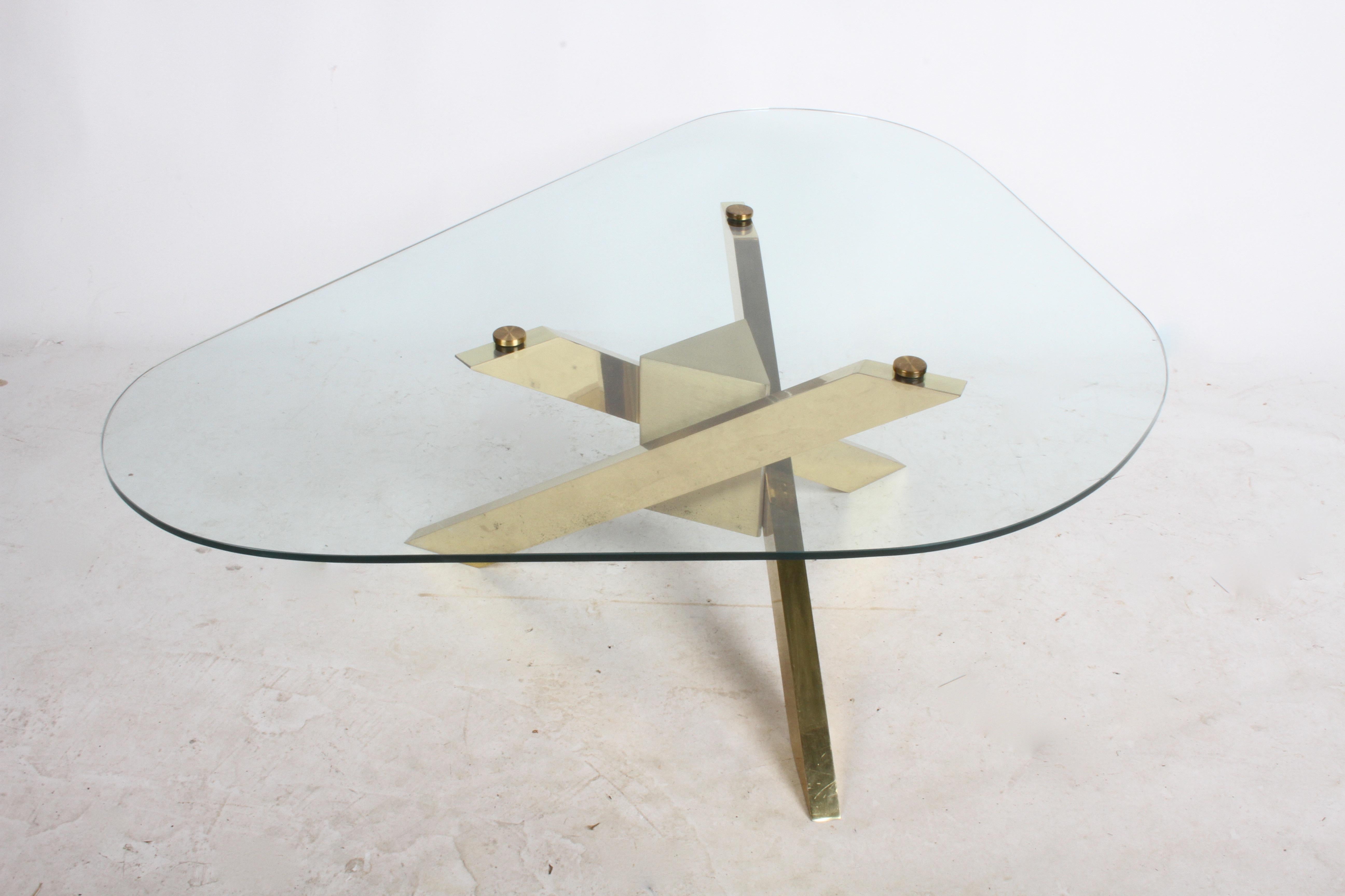 Mid-Century Brass Sculptural Tripod Base with Glass Top, Coffee Table 3
