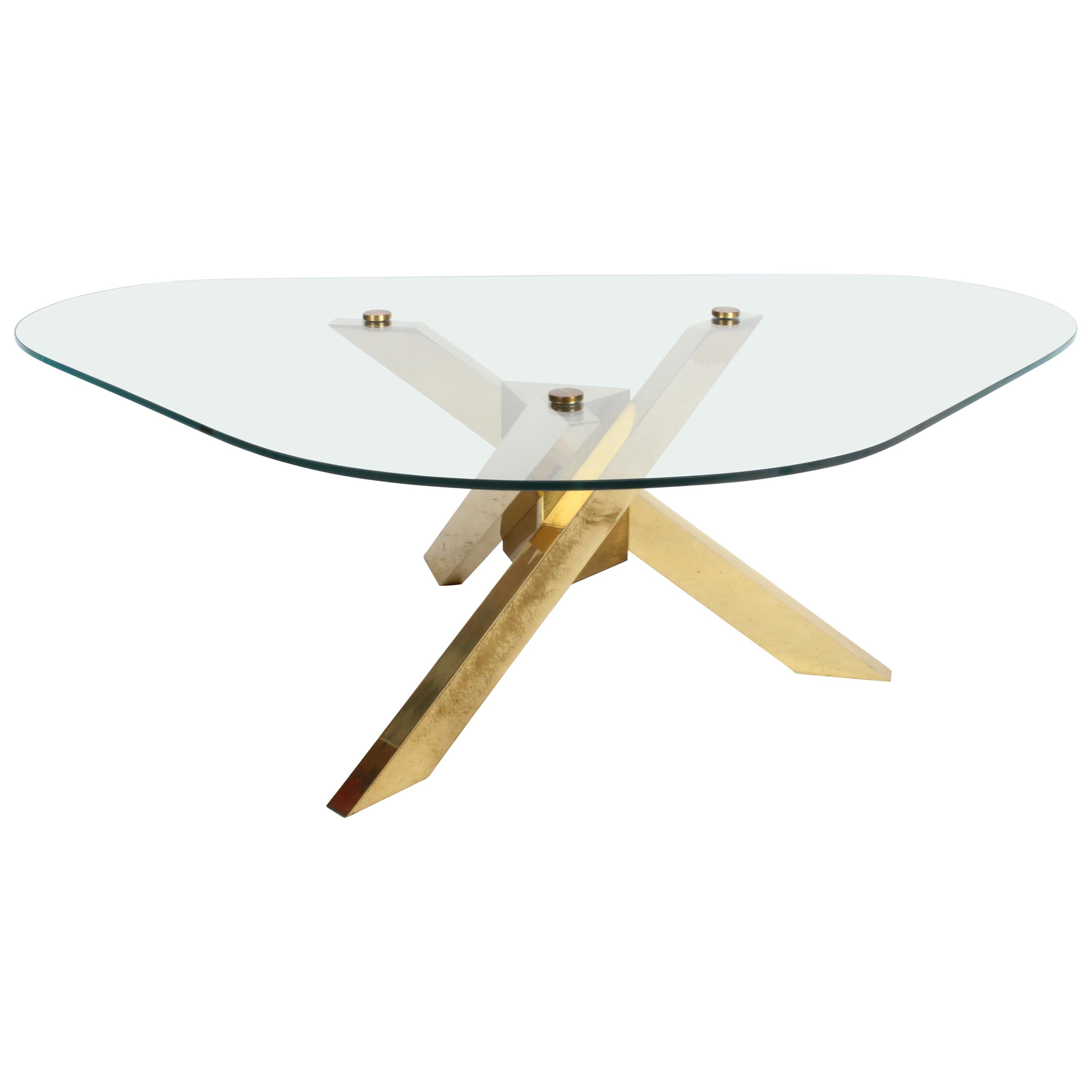 Mid-Century Brass Sculptural Tripod Base with Glass Top, Coffee Table