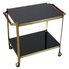 Vintage Mid-Century Brass Serving Trolley with Black Glass, Germany, 1970s
