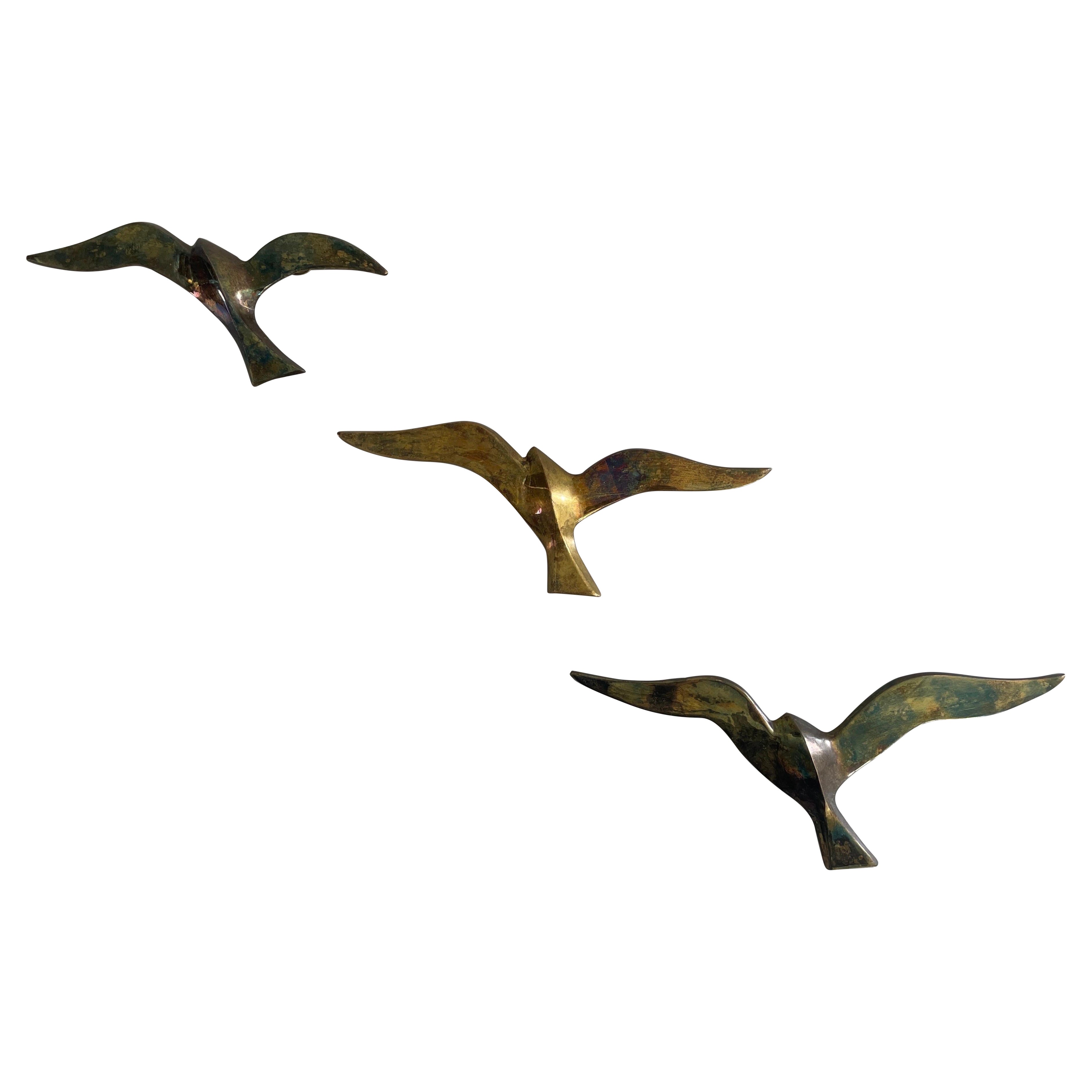 Mid-century Messing Satz von 3 Vogel Familie für Wanddekoration, 1960er Jahre, Deutschland