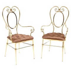 Mid-Century Brass Side Chairs with Silk Upholstery, Italy, Circa 1950