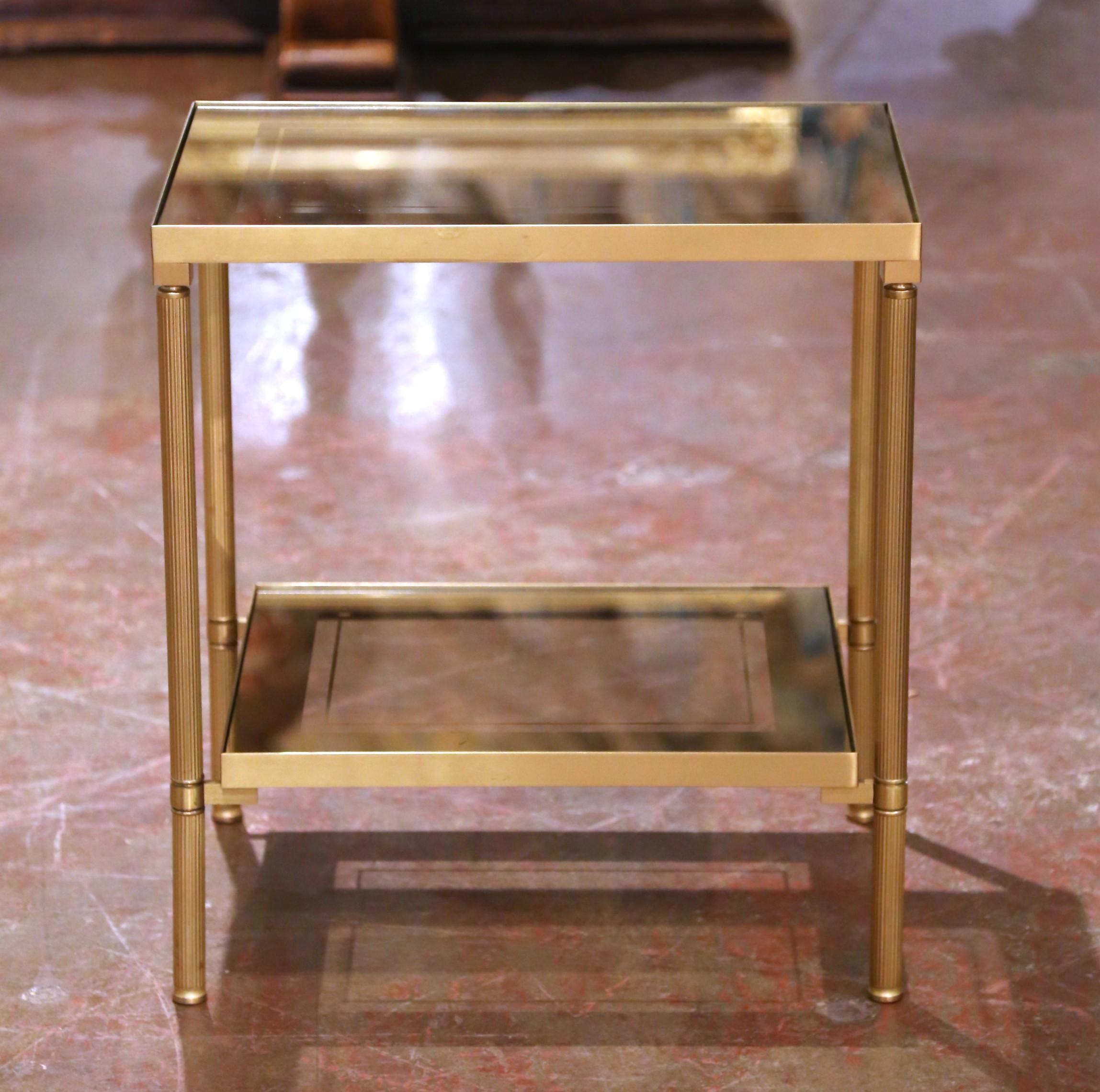 Art Deco Mid-Century Brass Side Table with Smoked Glass, Attributed to Maison Jansen For Sale