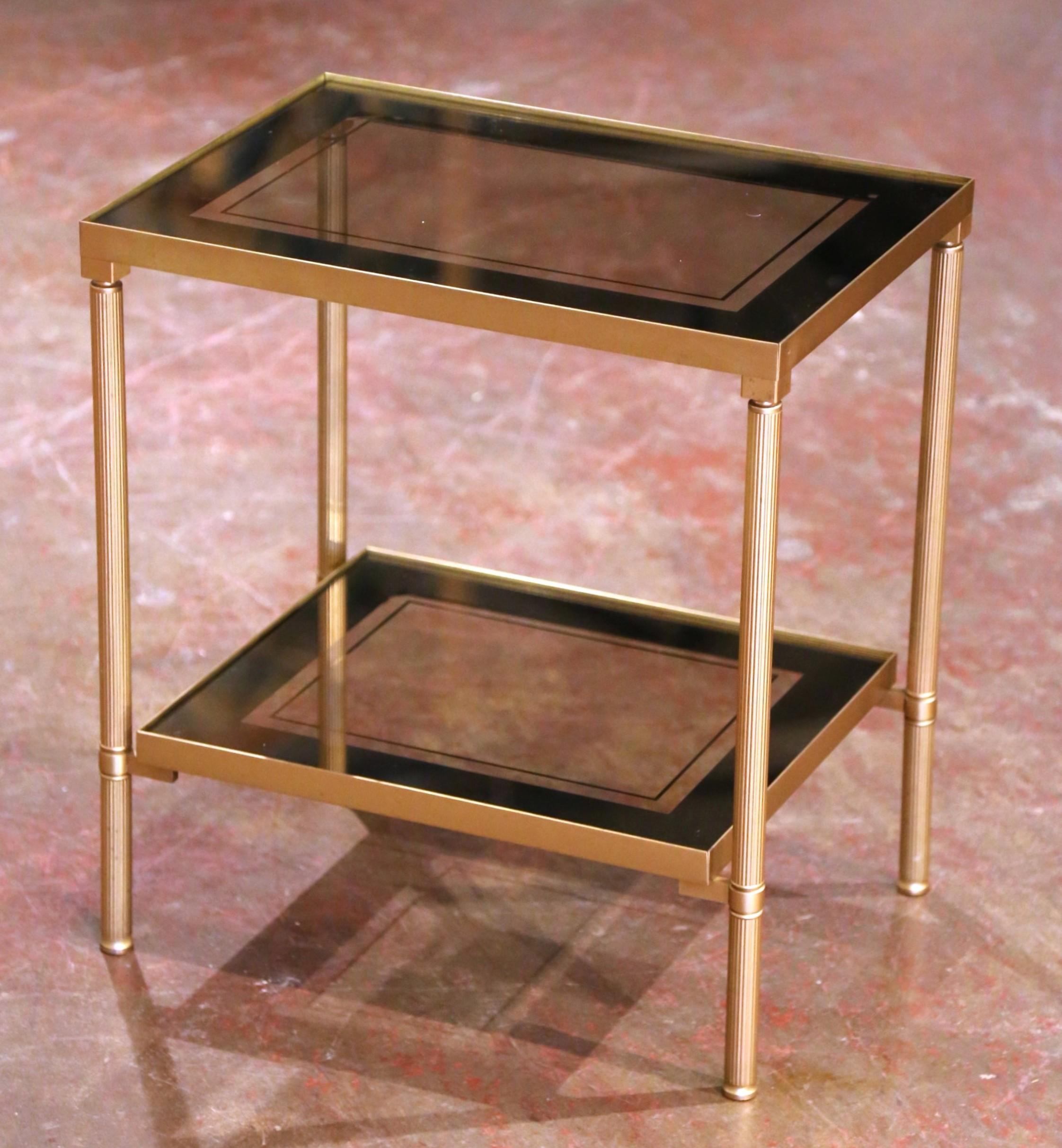Hand-Crafted Mid-Century Brass Side Table with Smoked Glass, Attributed to Maison Jansen For Sale