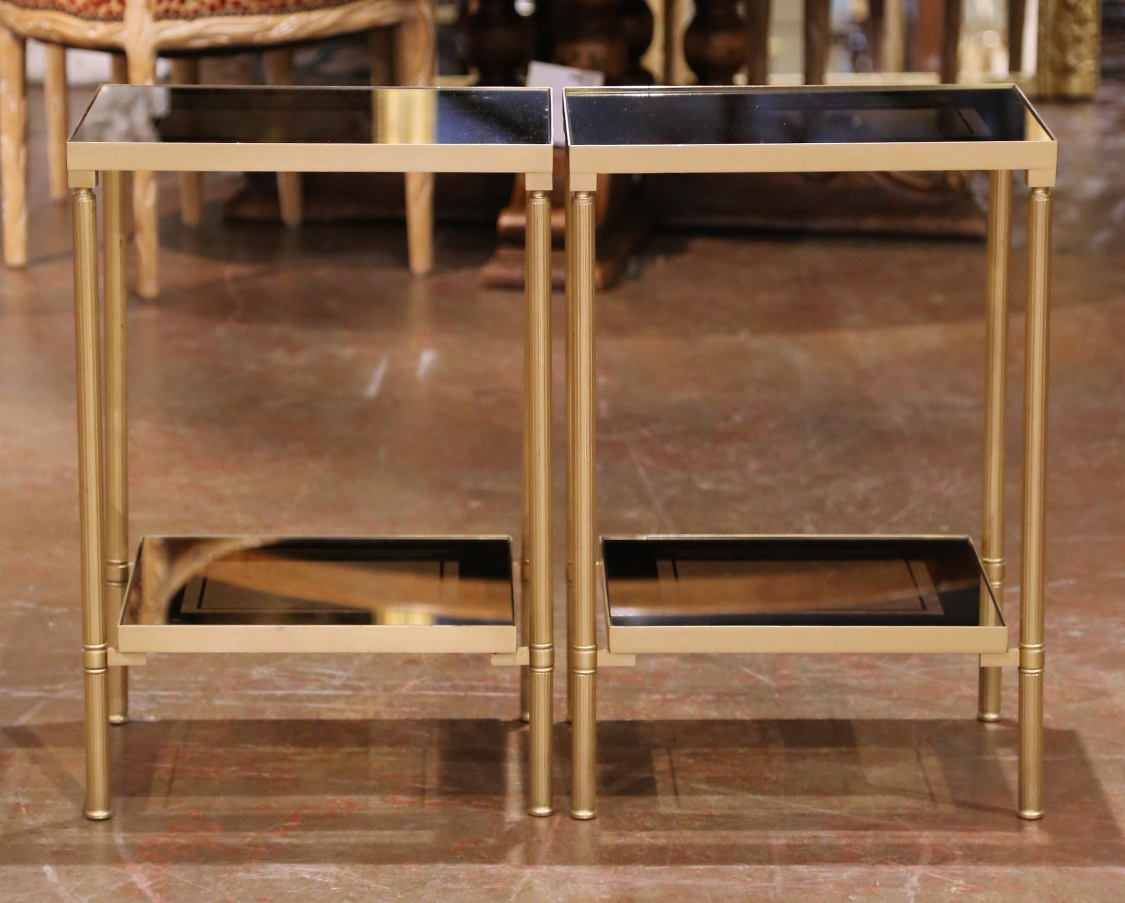 Art Deco Mid-Century Brass Side Tables with Smoked Glass, Attributed to Maison Jansen For Sale