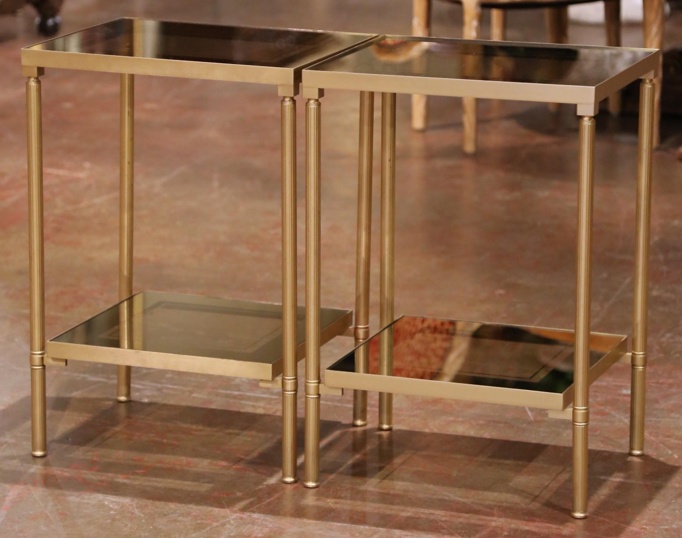 Hand-Crafted Mid-Century Brass Side Tables with Smoked Glass, Attributed to Maison Jansen For Sale