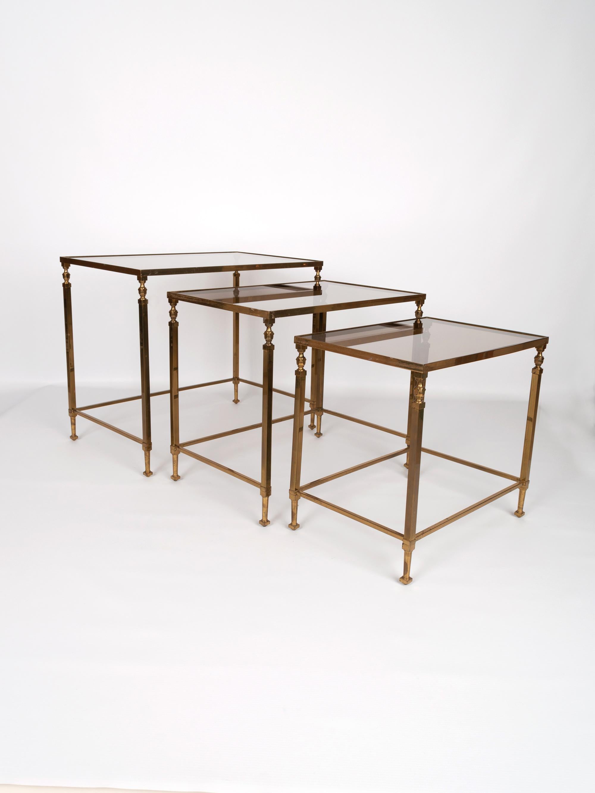 Midcentury Brass and Smoked Glass Nesting Tables by Maison Baguès, France For Sale 4