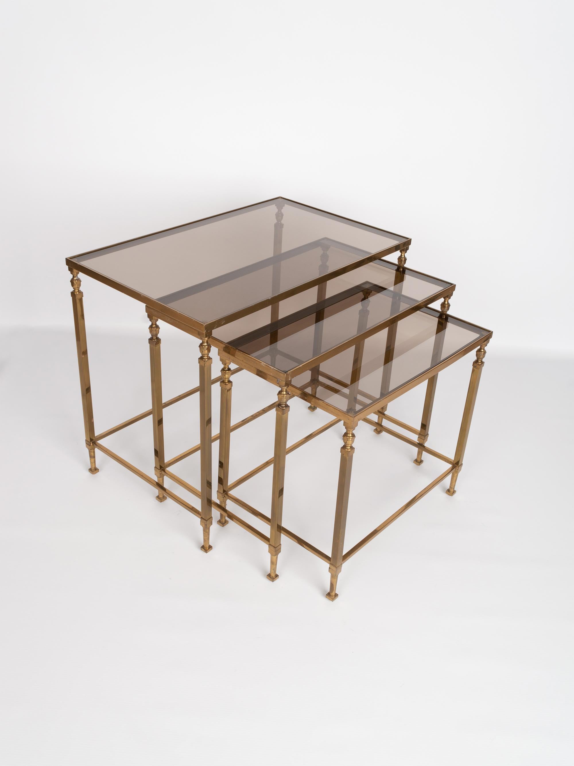 Midcentury Brass and Smoked Glass Nesting Tables by Maison Baguès, France For Sale 5