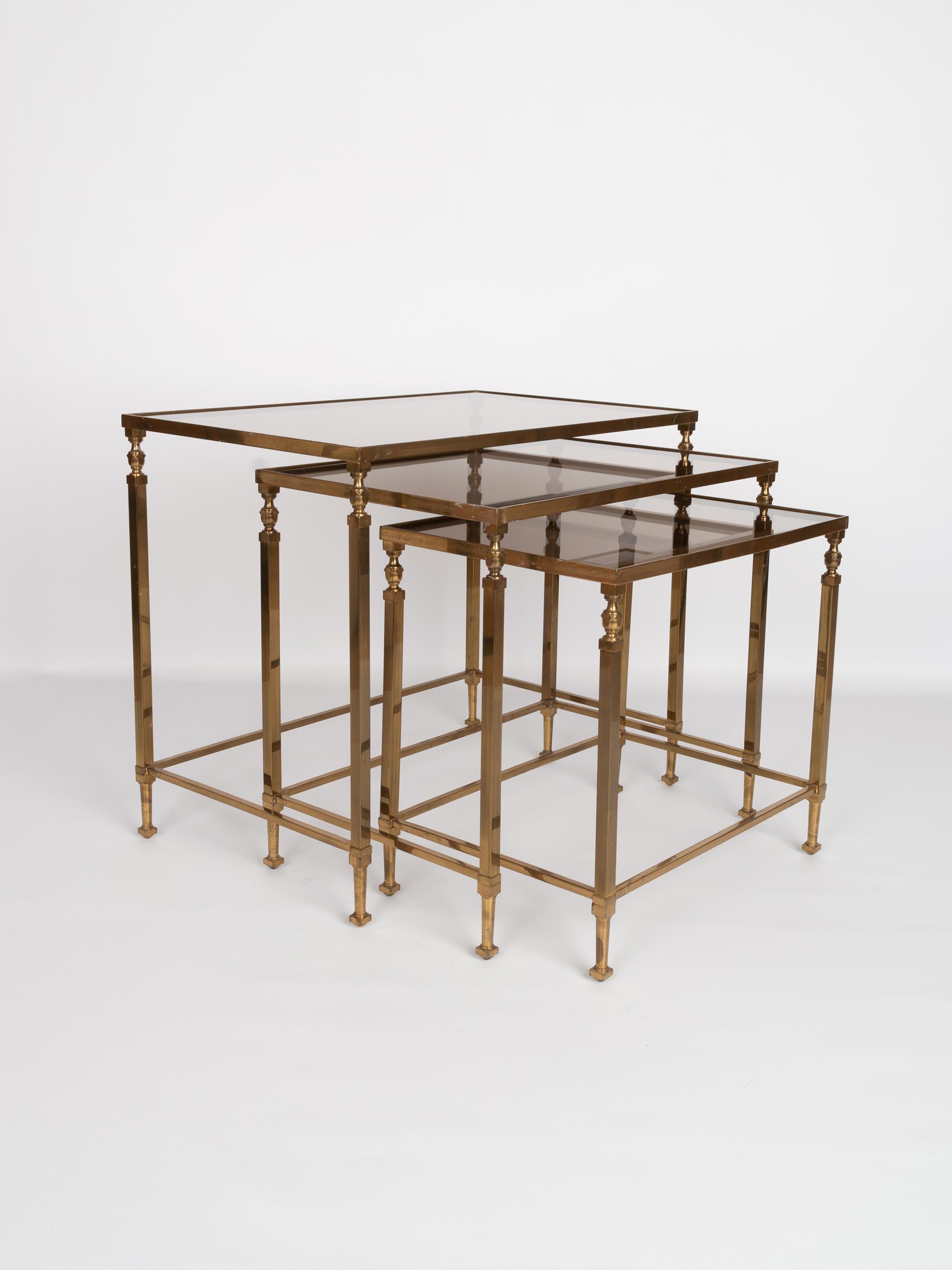 Mid-Century Modern Midcentury Brass and Smoked Glass Nesting Tables by Maison Baguès, France For Sale