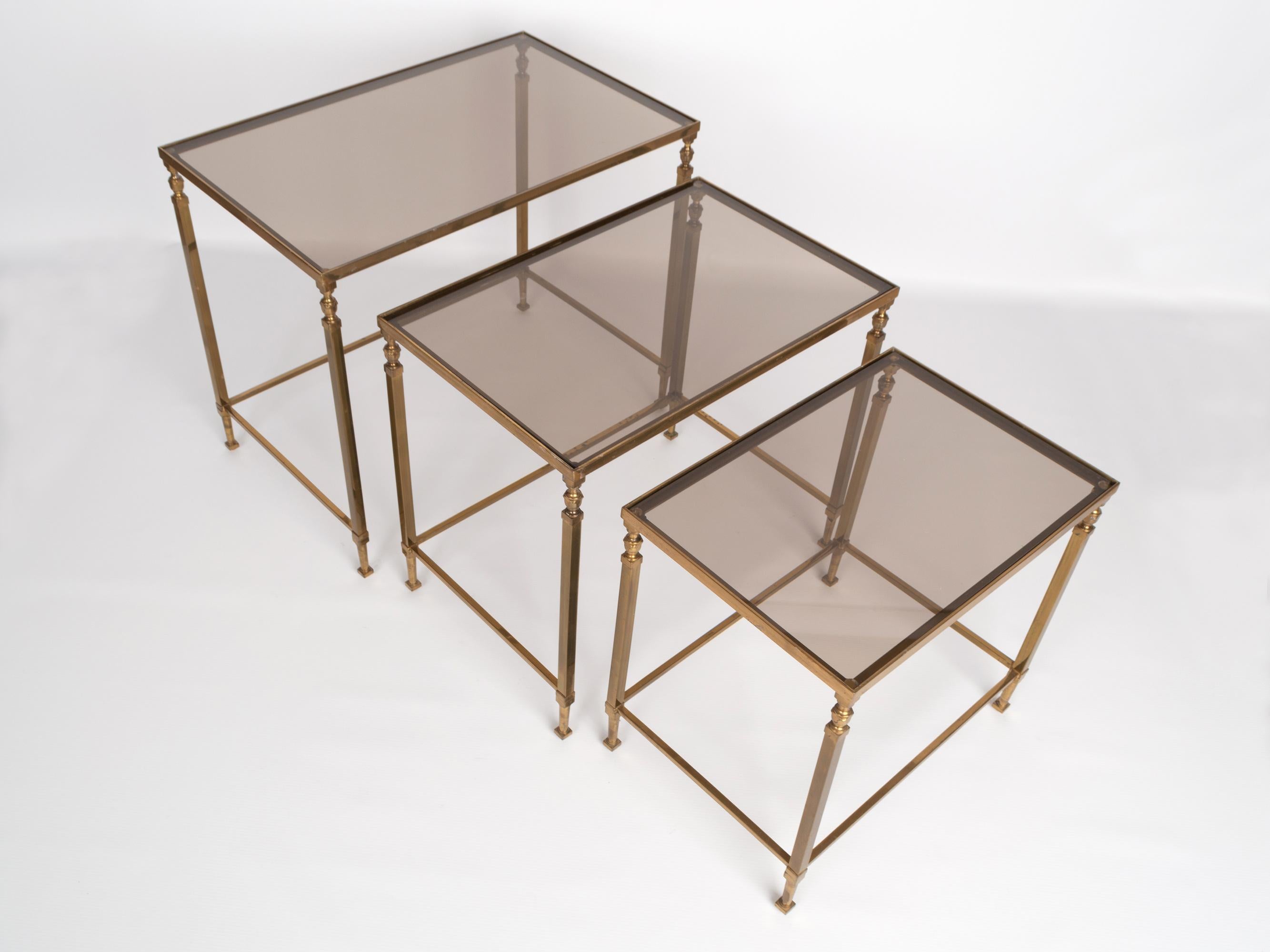 French Midcentury Brass and Smoked Glass Nesting Tables by Maison Baguès, France For Sale