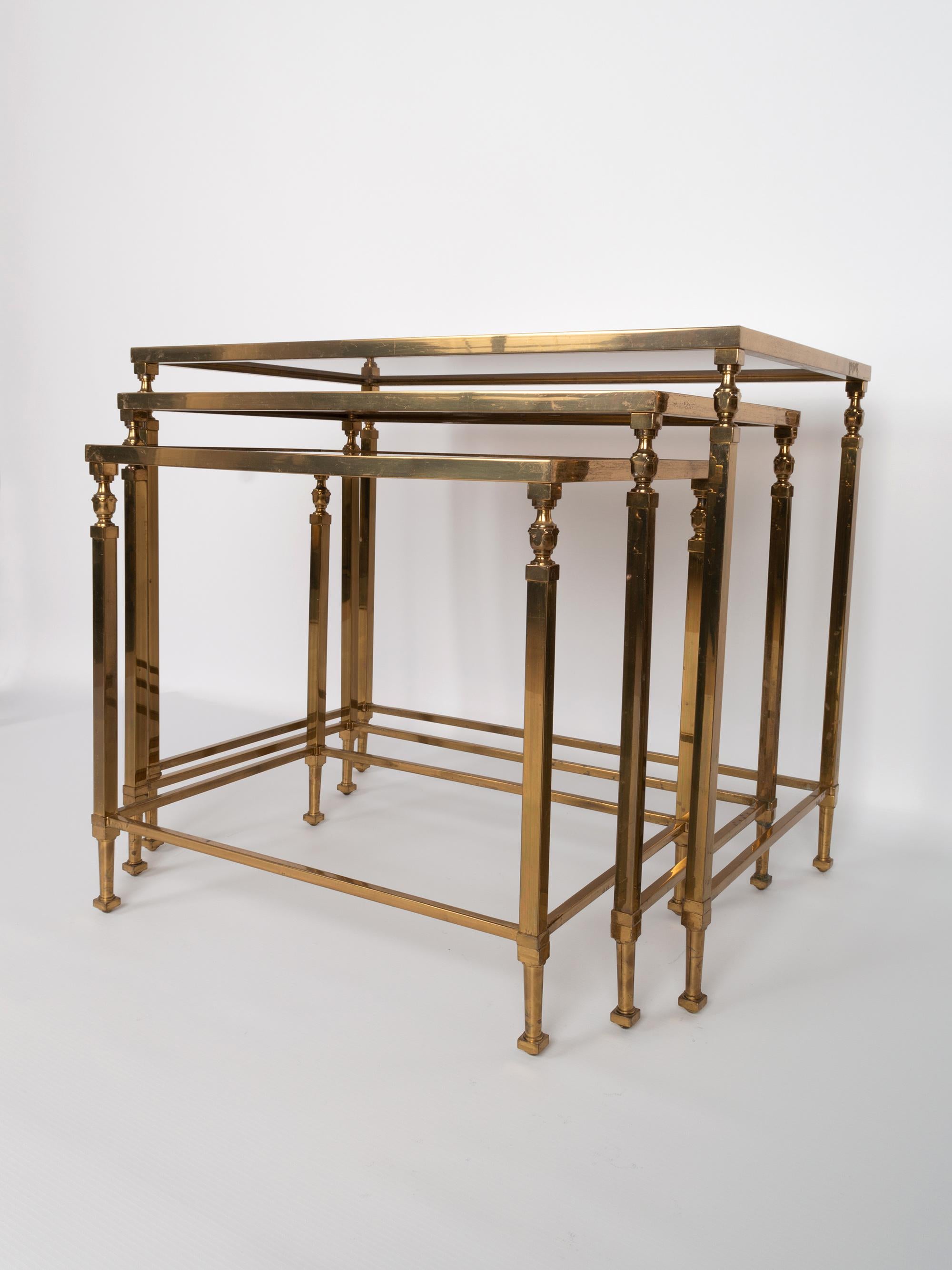 Mid-20th Century Midcentury Brass and Smoked Glass Nesting Tables by Maison Baguès, France For Sale