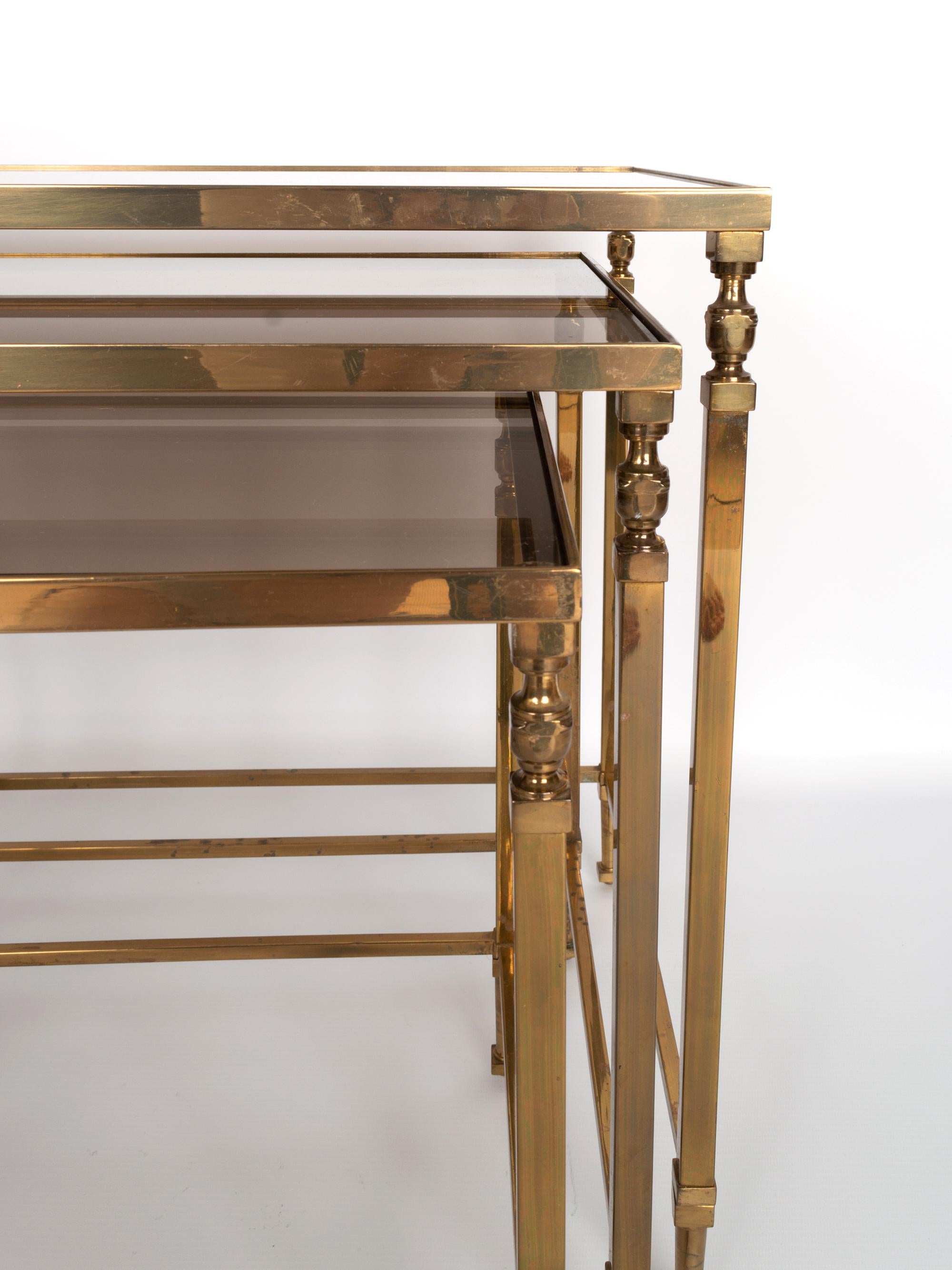 Midcentury Brass and Smoked Glass Nesting Tables by Maison Baguès, France For Sale 1