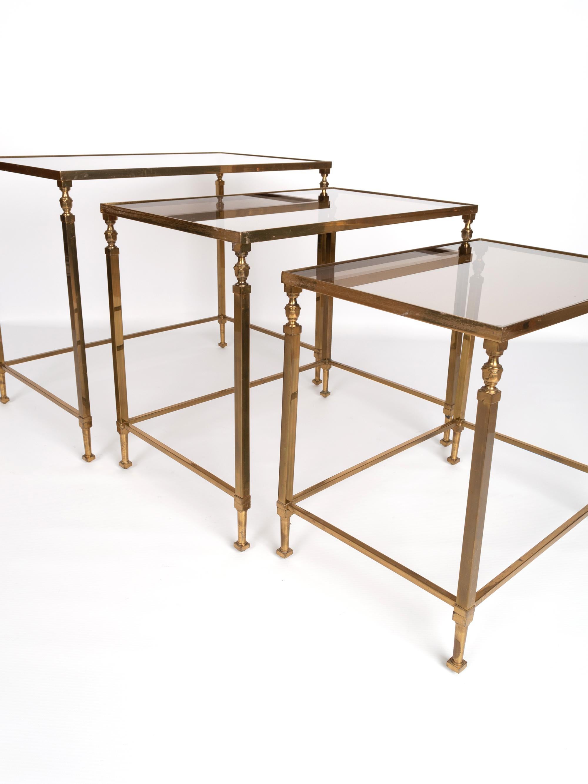 Midcentury Brass and Smoked Glass Nesting Tables by Maison Baguès, France For Sale 2