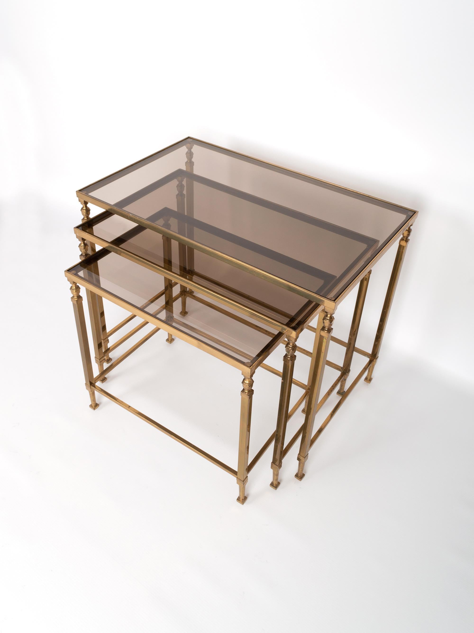 Midcentury Brass and Smoked Glass Nesting Tables by Maison Baguès, France For Sale 3