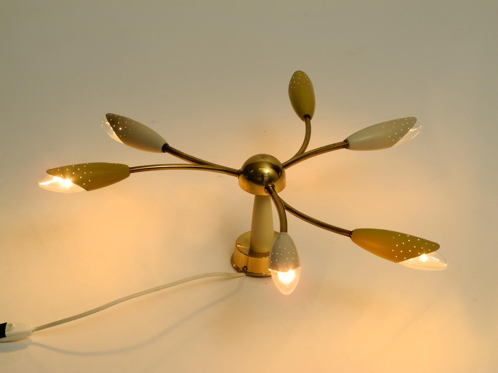 German Midcentury Brass Sputnik Ceiling Lamp with 6 Arms Perforated Metal Cone Shades