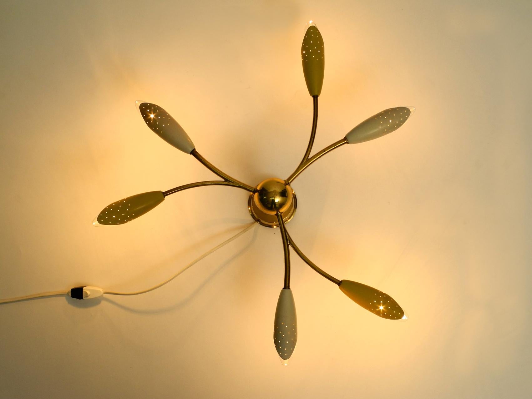 Midcentury Brass Sputnik Ceiling Lamp with 6 Arms Perforated Metal Cone Shades In Good Condition In München, DE