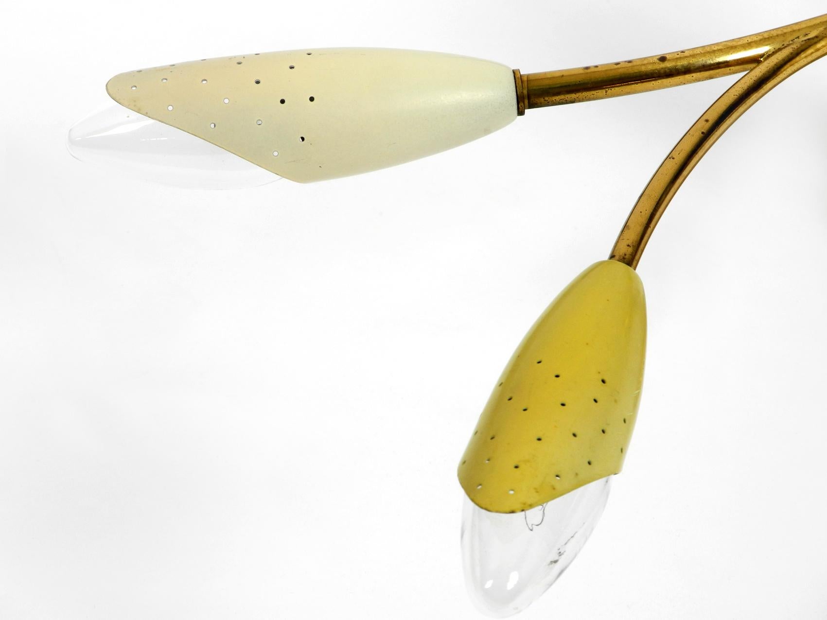 Mid-20th Century Midcentury Brass Sputnik Ceiling Lamp with 6 Arms Perforated Metal Cone Shades