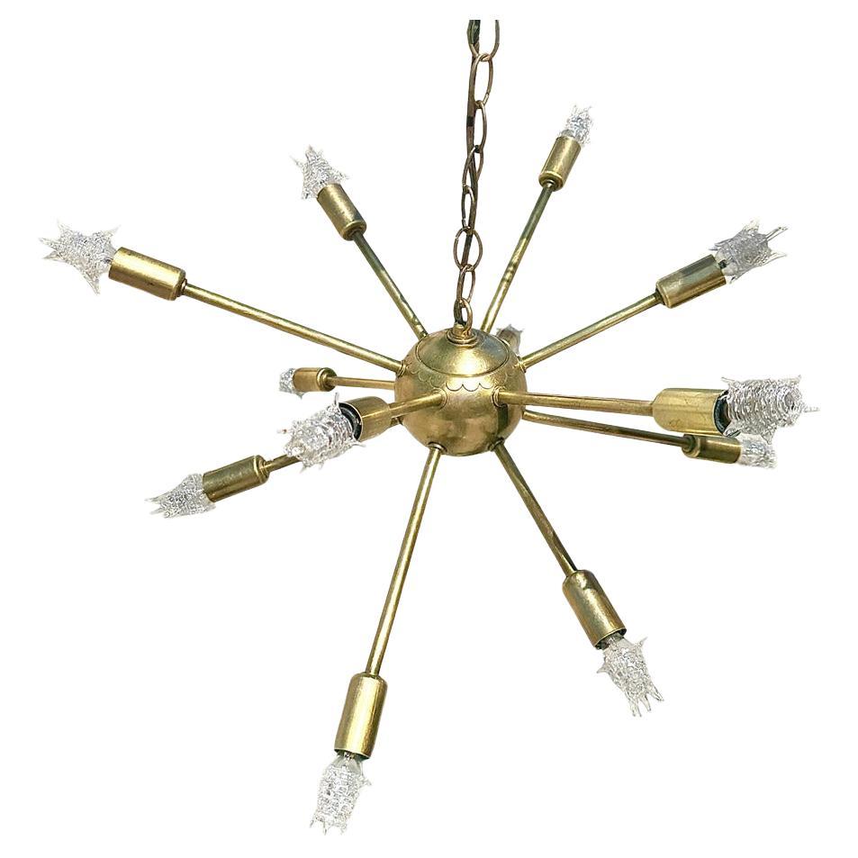 Mid-Century Brass Sputnik Chandelier w/ Starburst Bulbs
