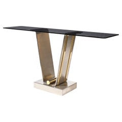 Mid-Century Brass, Stainless Steel & Glass Tulip Console Table by Karl Springer
