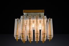 Mid-Century Brass & Structured Glass Flush Mount Chandelier, Europe 1960