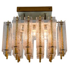 Mid-Century Brass & Structured Glass Flush Mount Chandelier, Europe 1960