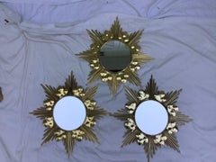 Mid-Century Brass Sunburst Mirrors, Set of 3