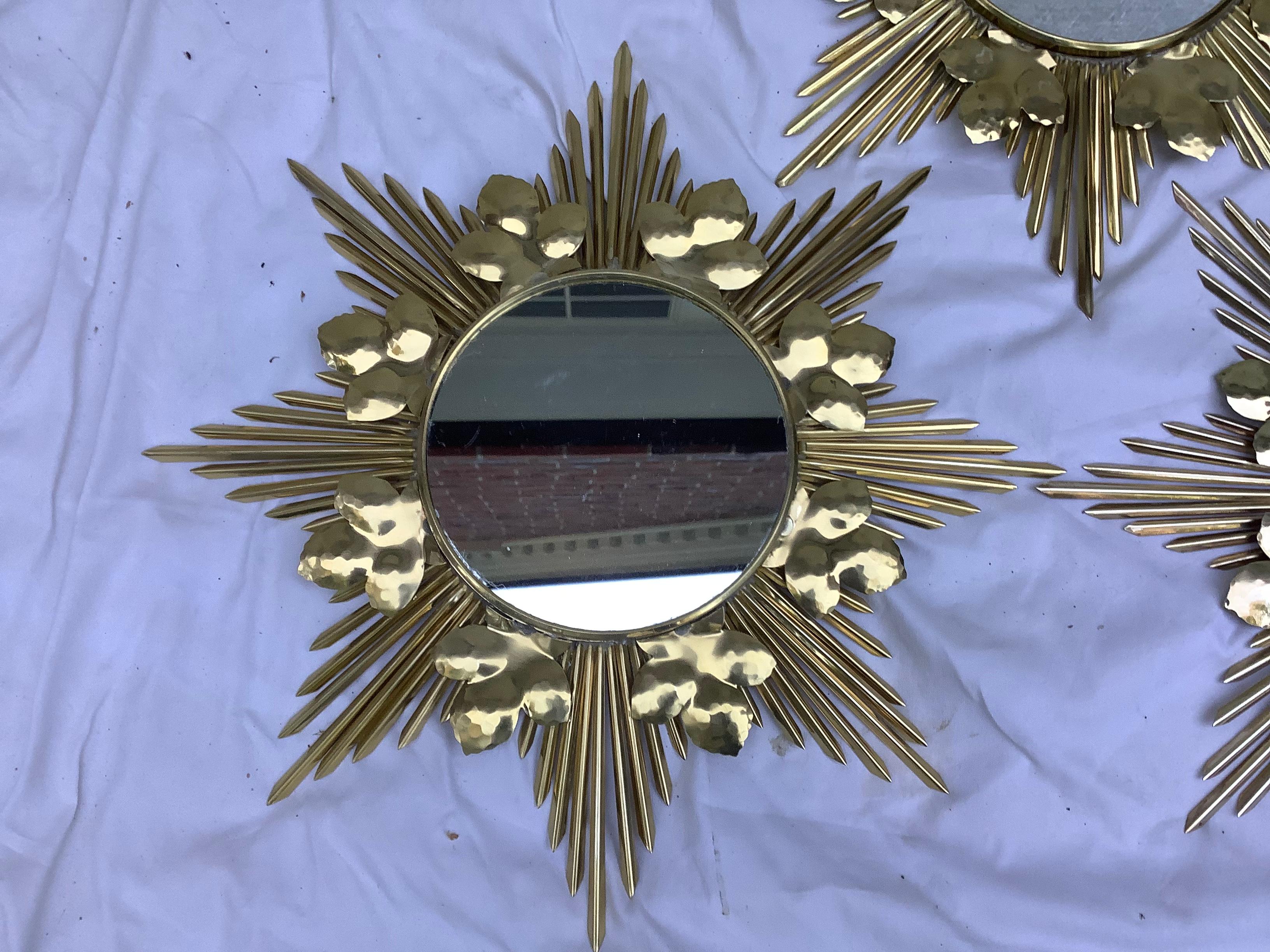 Mid-Century Modern Mid-Century Brass Sunburst Mirrors, Set of 3