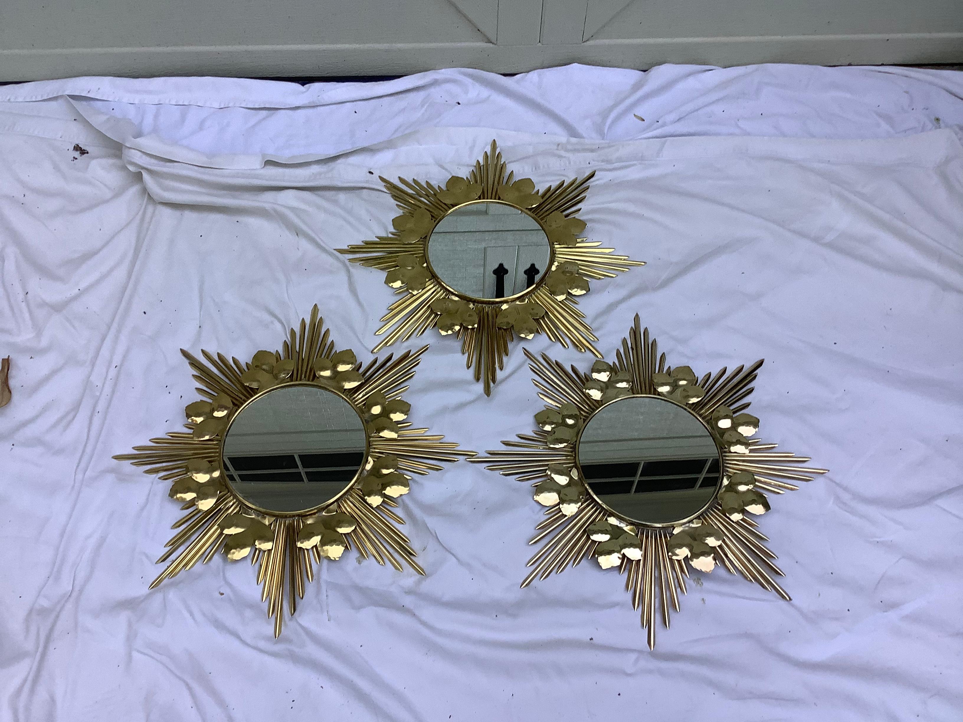 German Mid-Century Brass Sunburst Mirrors, Set of 3
