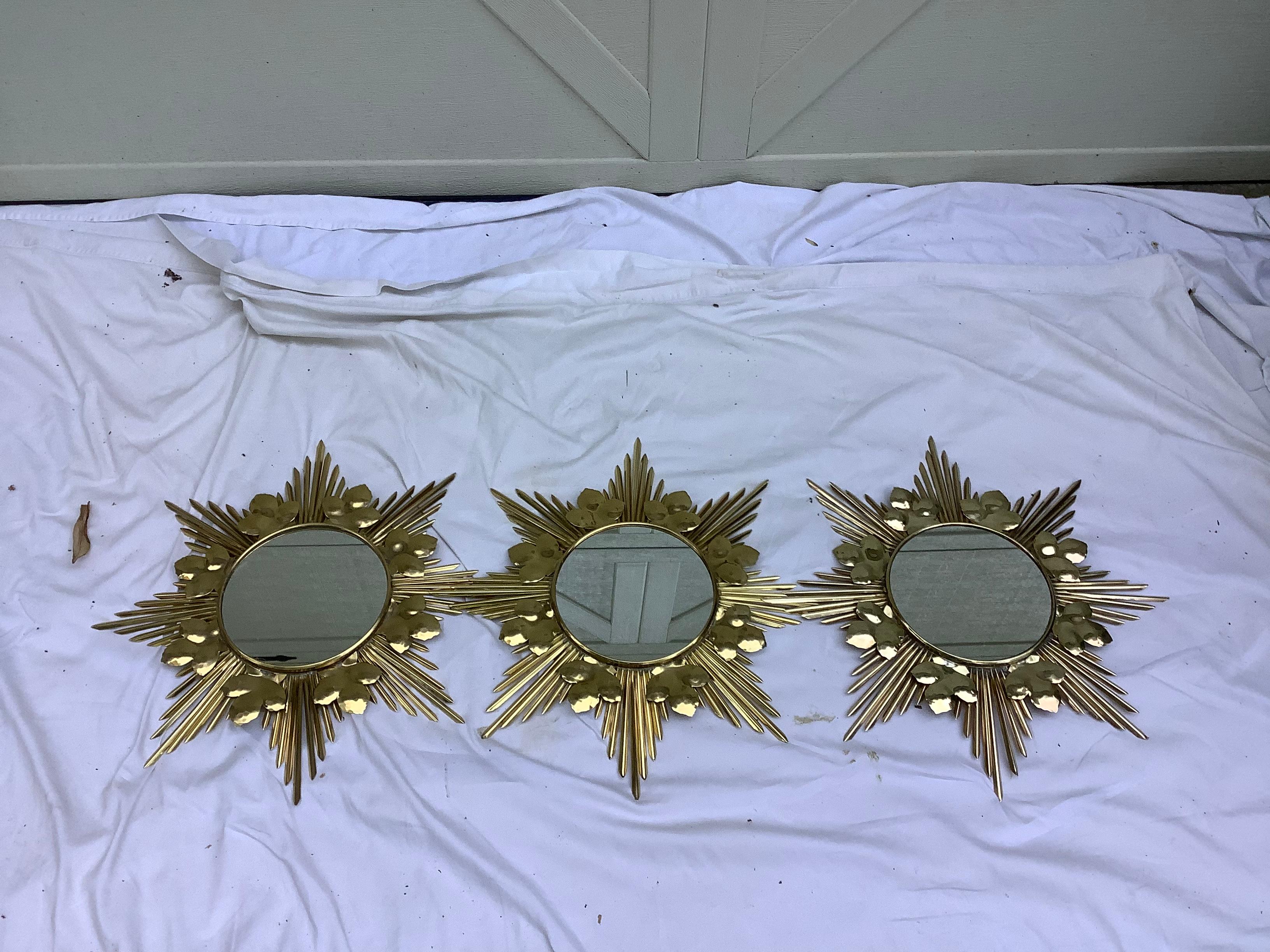 Mid-20th Century Mid-Century Brass Sunburst Mirrors, Set of 3