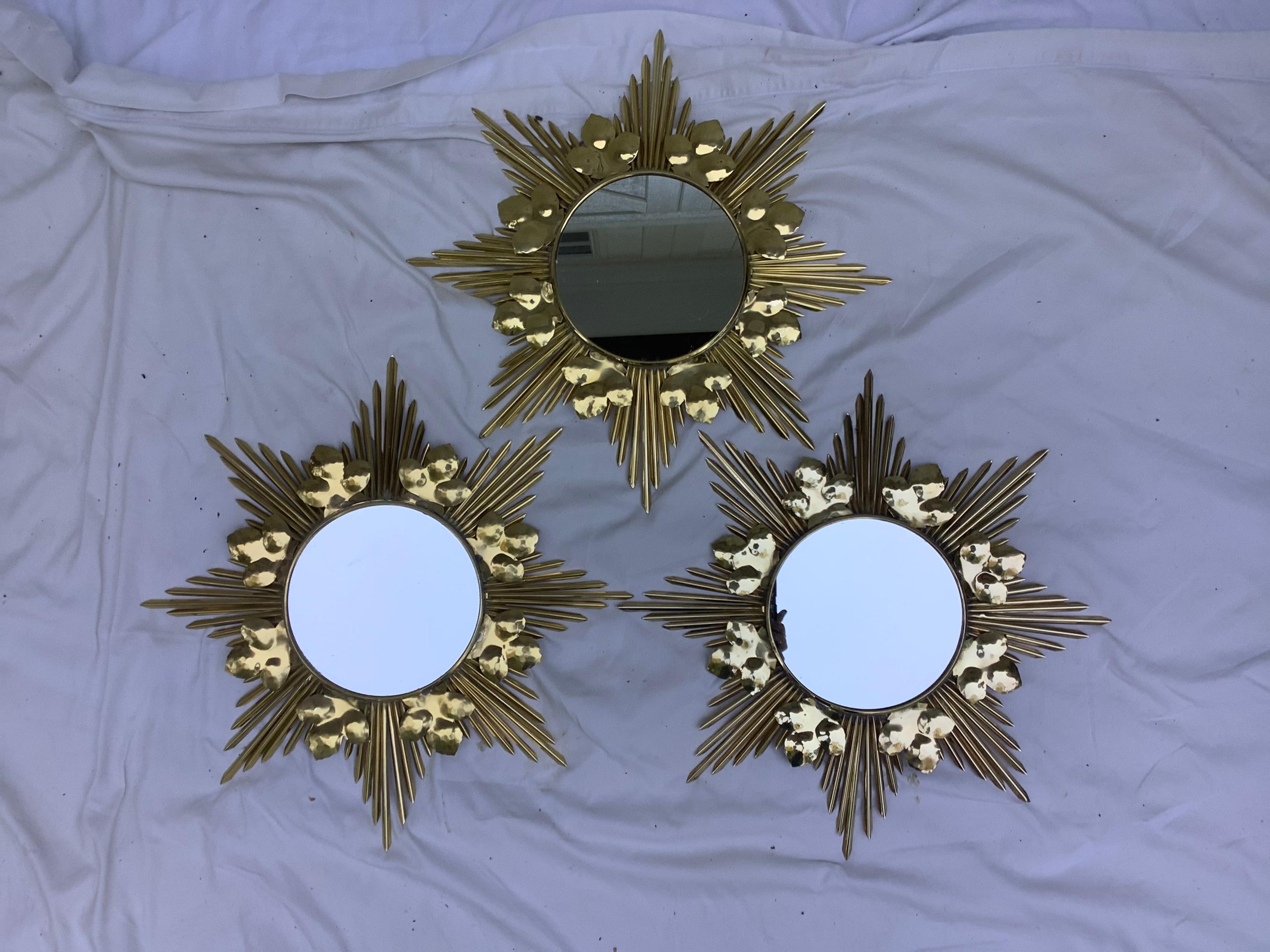 Mid-Century Brass Sunburst Mirrors, Set of 3 1
