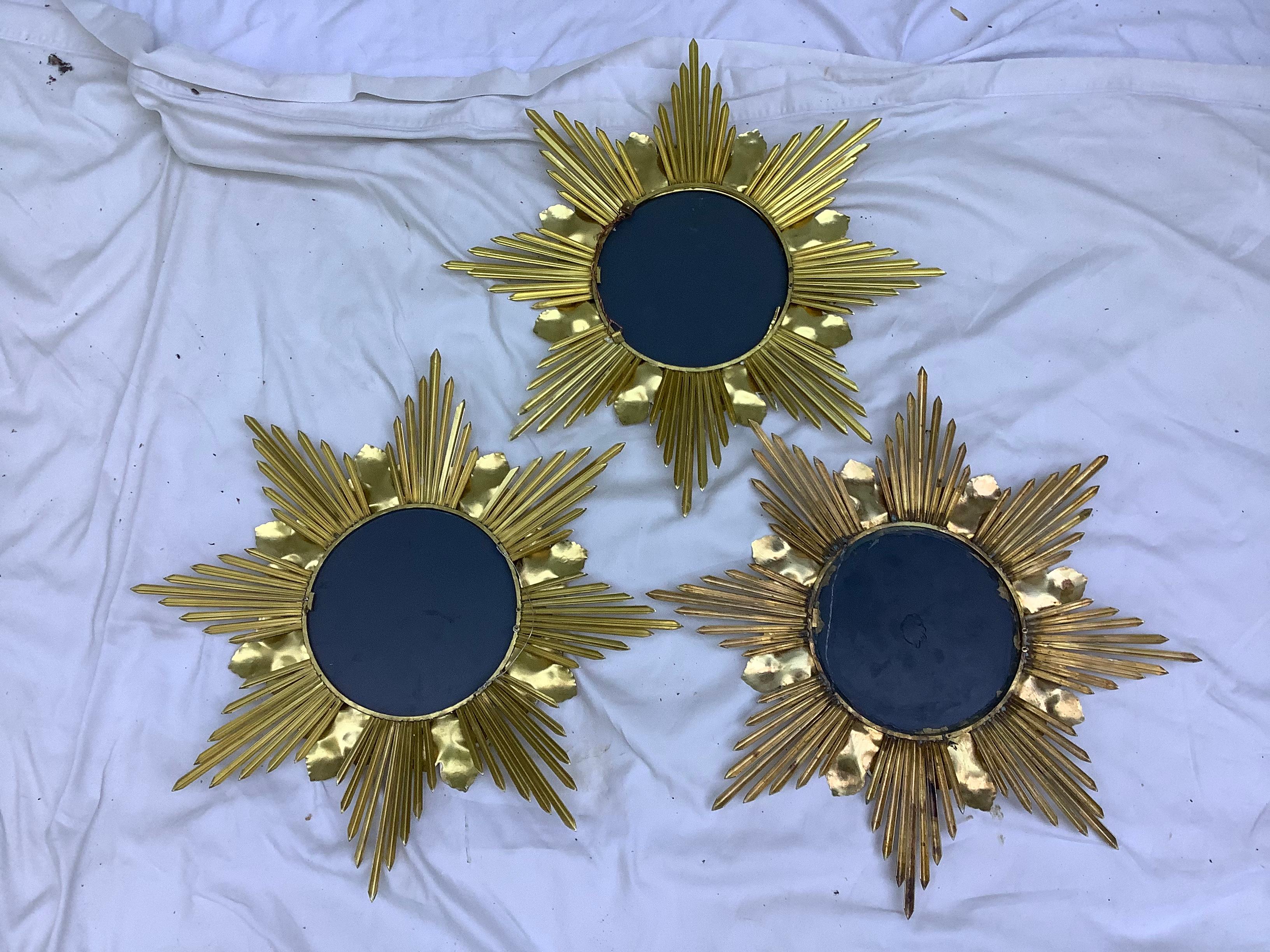 Mid-Century Brass Sunburst Mirrors, Set of 3 2