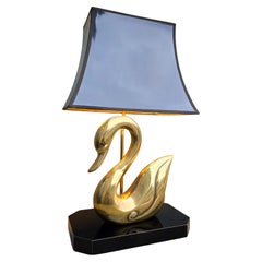 Mid-Century Brass Swan Table Lamp with Black Shade and Gold Interior