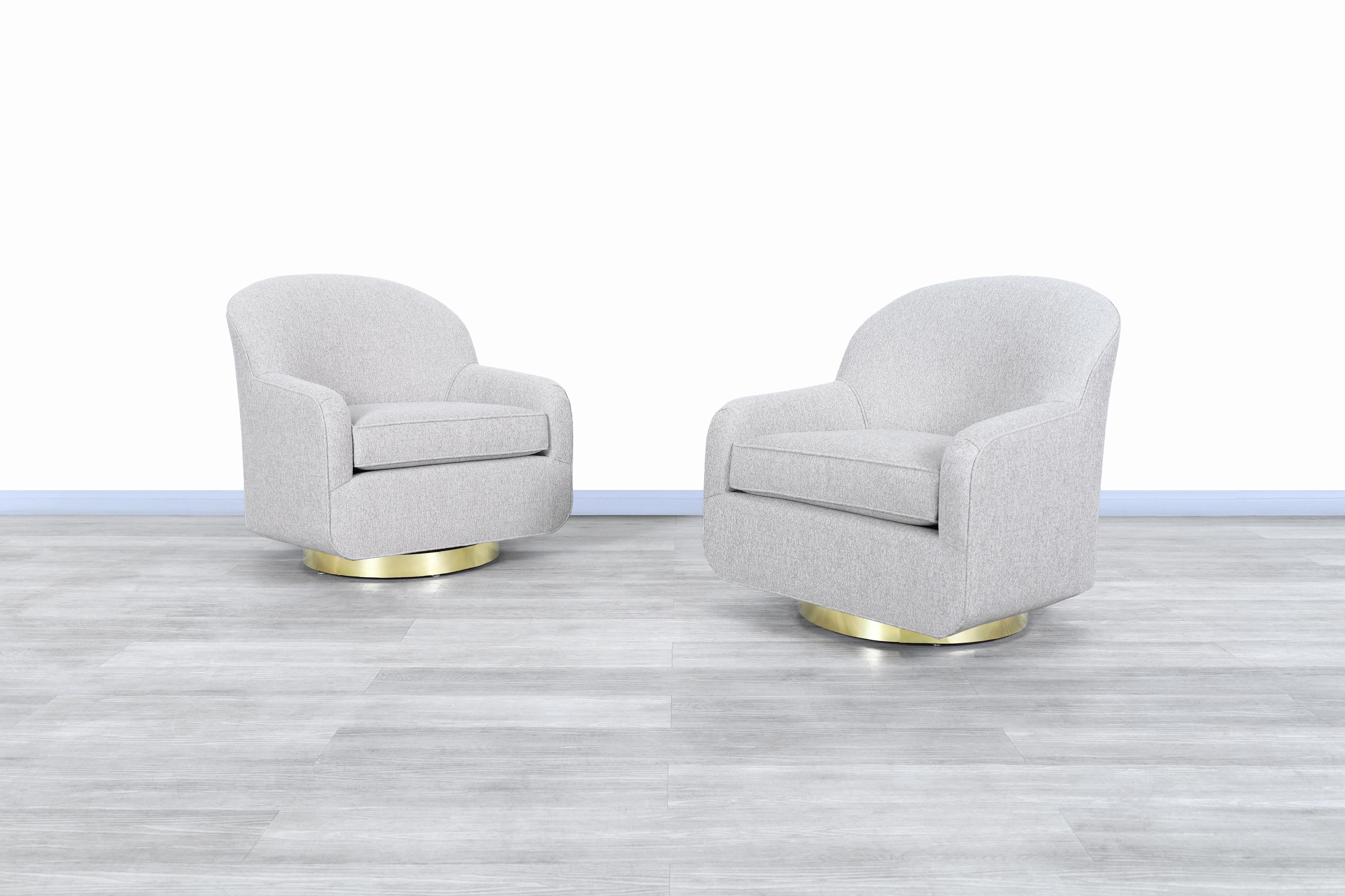 Stunning vintage brass swivel lounge chairs designed and manufactured by Directional in the United States, circa 1970s. These chairs represent the style of Milo Baughman’s modern and sophisticated designs. Each chair has been professionally