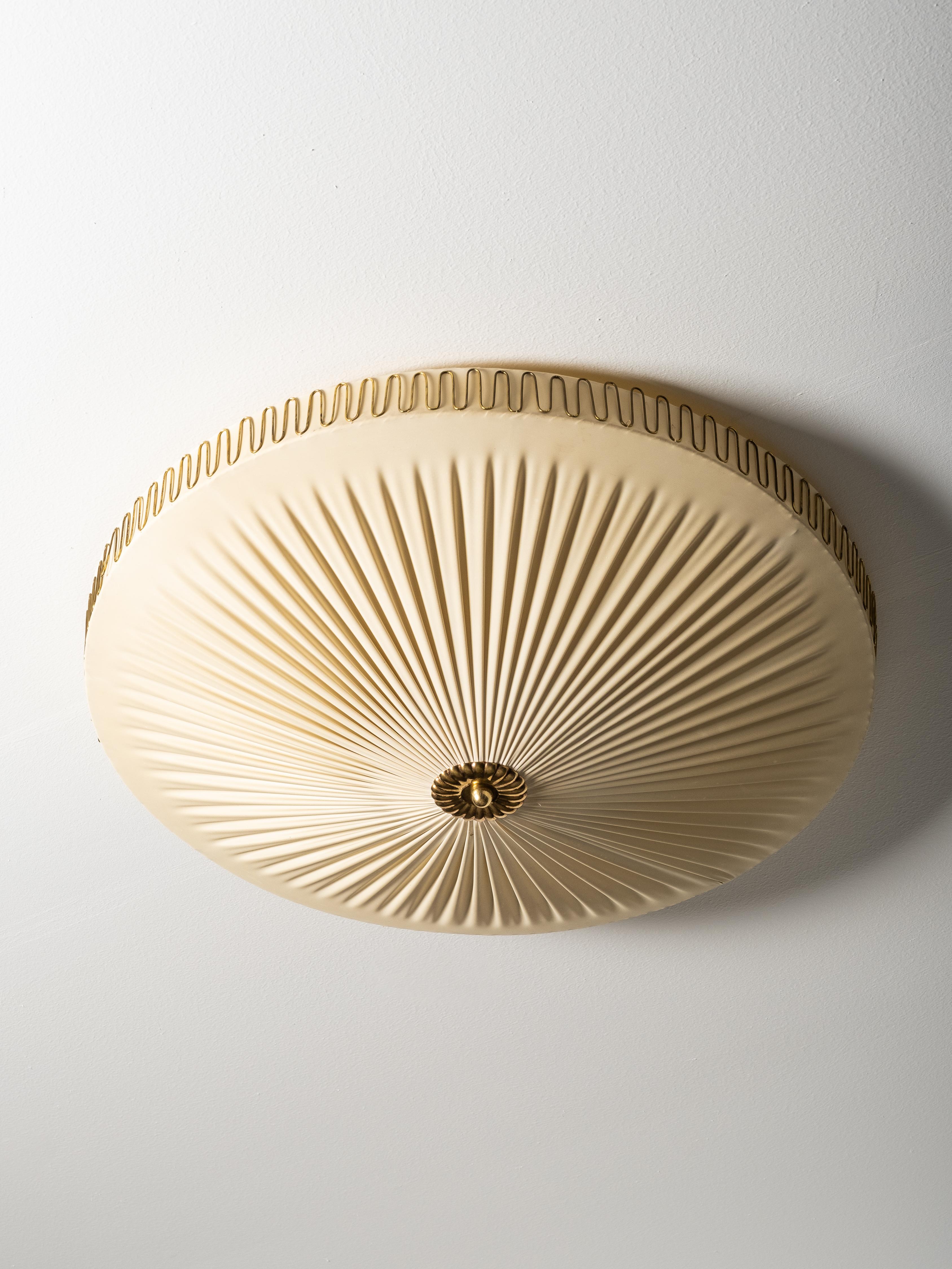 Finnish Mid-Century Brass & Synthetic Textile Flush Mount, Model K5-40, Idman, 1950s For Sale