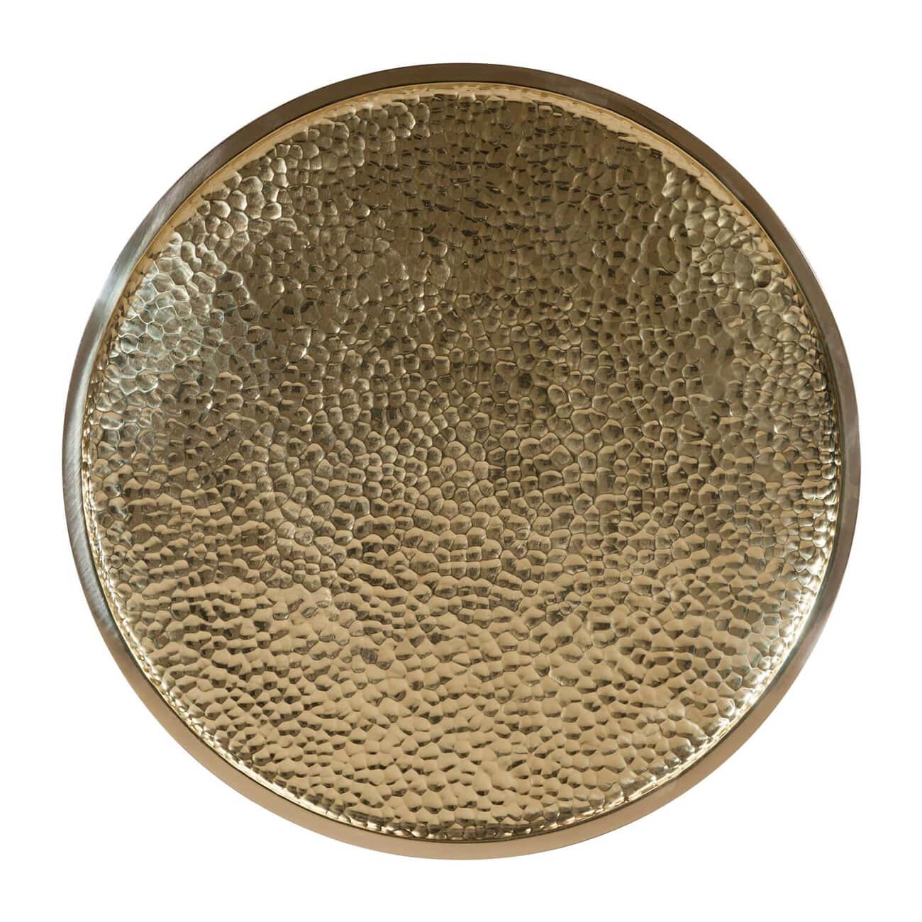A Mid-Century Modern inspired hammered brass pedestal side table with a bluster form pedestal and a five-leaf clover shaped base.

Dimensions: 18