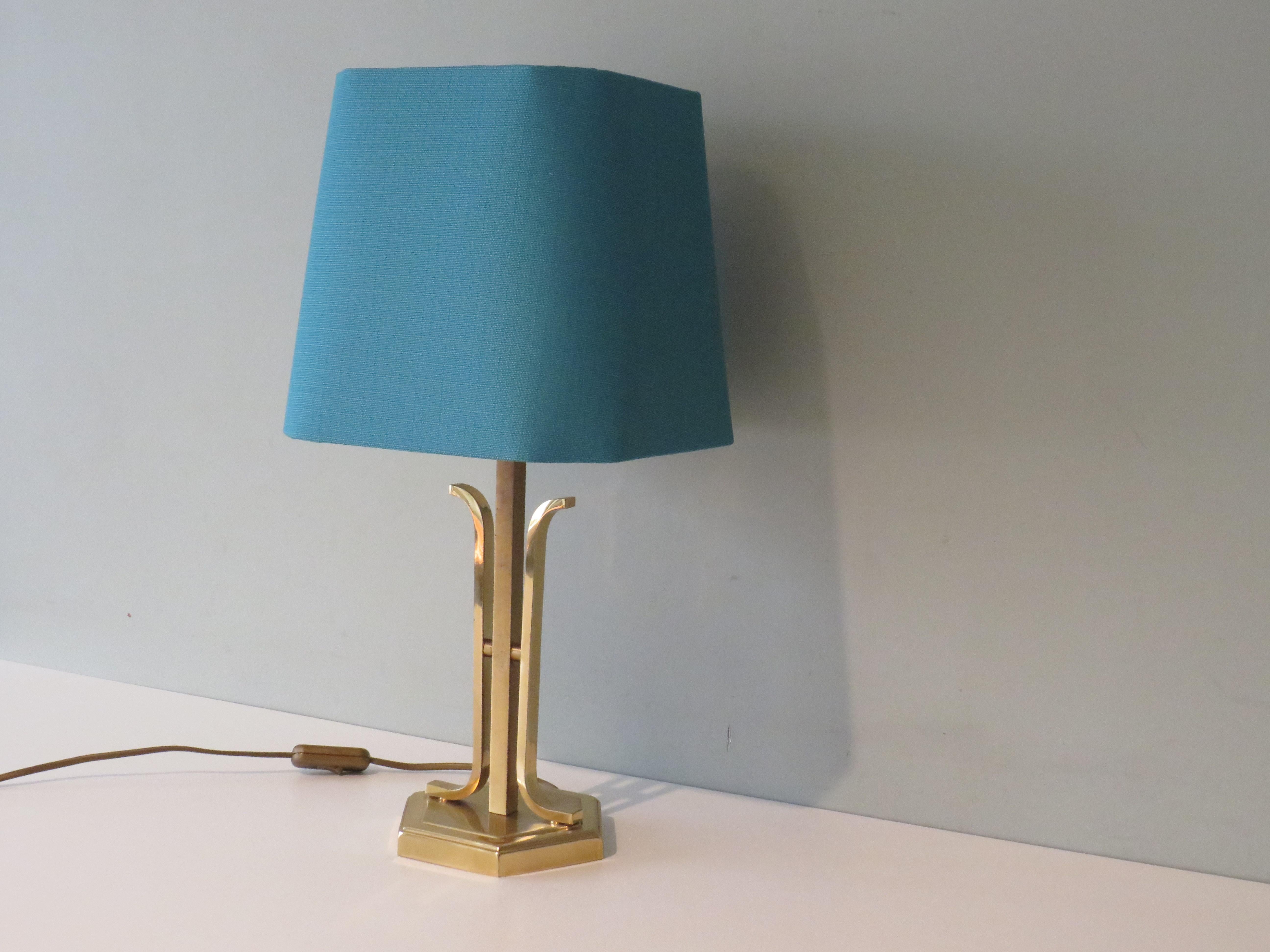 Hollywood Regency Midcentury Brass Table Lamp with New Custom Lampshade For Sale