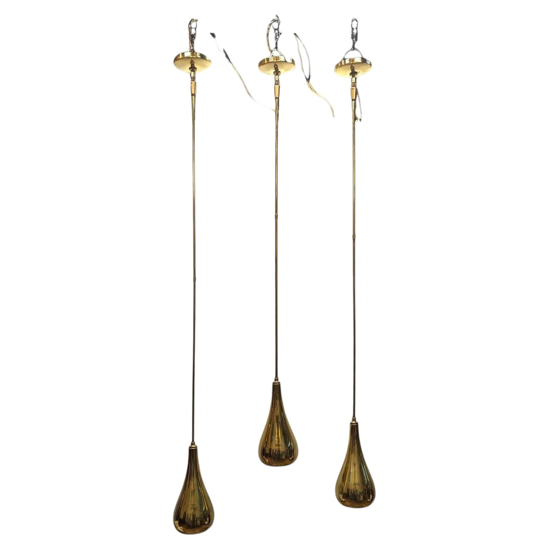 Mid Century Brass Tear Drop Pendants attributed Paavo Tynell for Lightolier