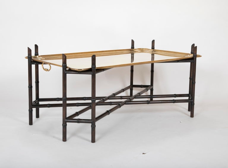Midcentury Brass Tray on Faux Bamboo Base Coffee Table For Sale at 1stDibs